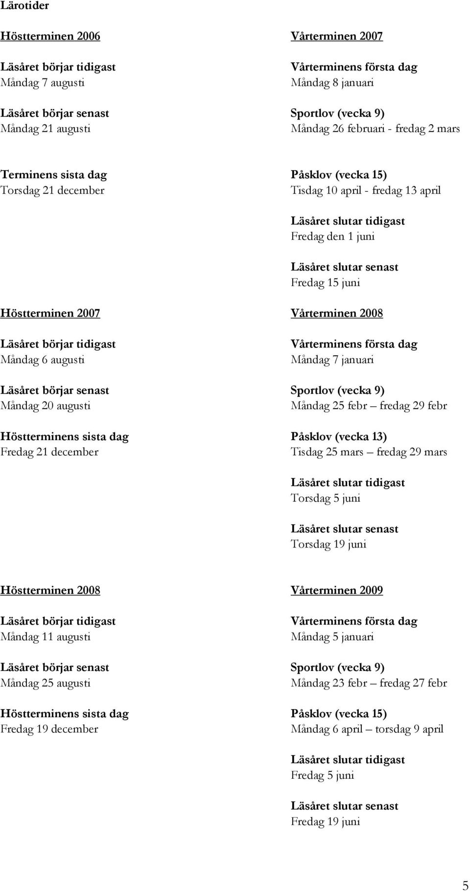 29 febr Höstterminens sista dag Påsklov (vecka 13) Fredag 21 december Tisdag 25 mars fredag 29 mars Torsdag 5 juni Torsdag 19 juni Höstterminen 2008 Vårterminen 2009 Måndag 11 augusti