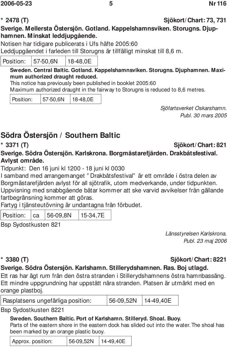 Kappelshamnsviken. Storugns. Djuphamnen. Maximum authorized draught reduced.