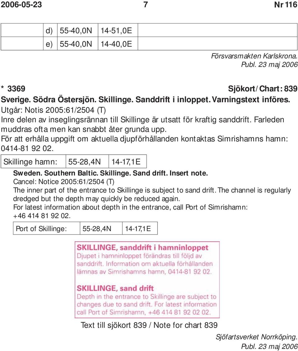 För att erhålla uppgift om aktuella djupförhållanden kontaktas Simrishamns hamn: 0414-81 92 02. Skillinge hamn: 55-28,4N 14-17,1E Sweden. Southern Baltic. Skillinge. Sand drift. Insert note.