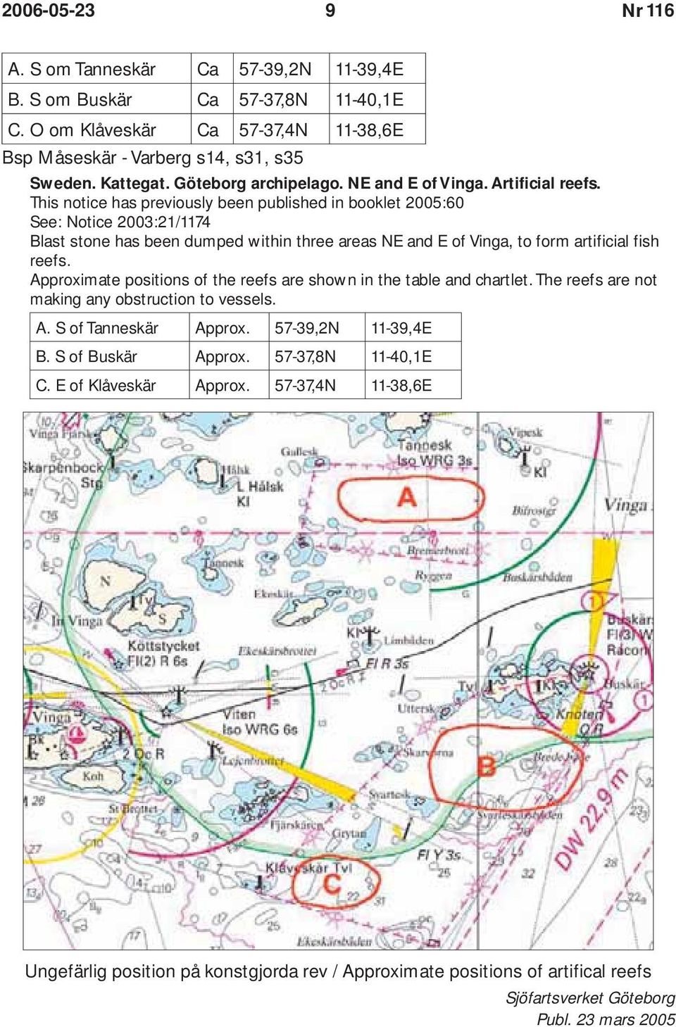 This notice has previously been published in booklet 2005:60 See: Notice 2003:21/1174 Blast stone has been dumped within three areas NE and E of Vinga, to form artificial fish reefs.