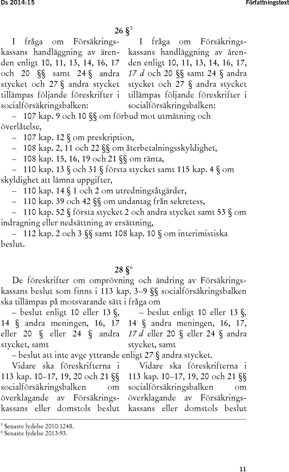 föreskrifter i socialförsäkringsbalken: 107 kap. 9 och 10 om förbud mot utmätning och överlåtelse, 107 kap. 12 om preskription, 108 kap. 2, 11 och 22 om återbetalningsskyldighet, 108 kap.