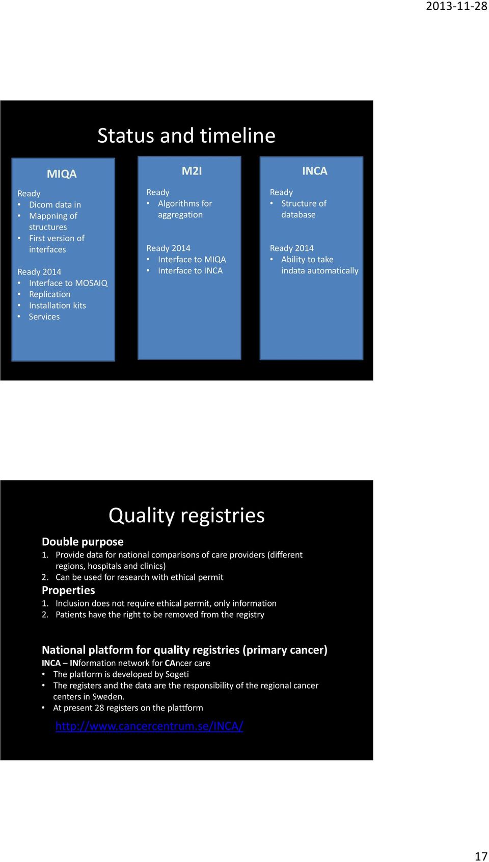 Provide data for national comparisons of care providers (different regions, hospitals and clinics) 2. Can be used for research with ethical permit Properties 1.