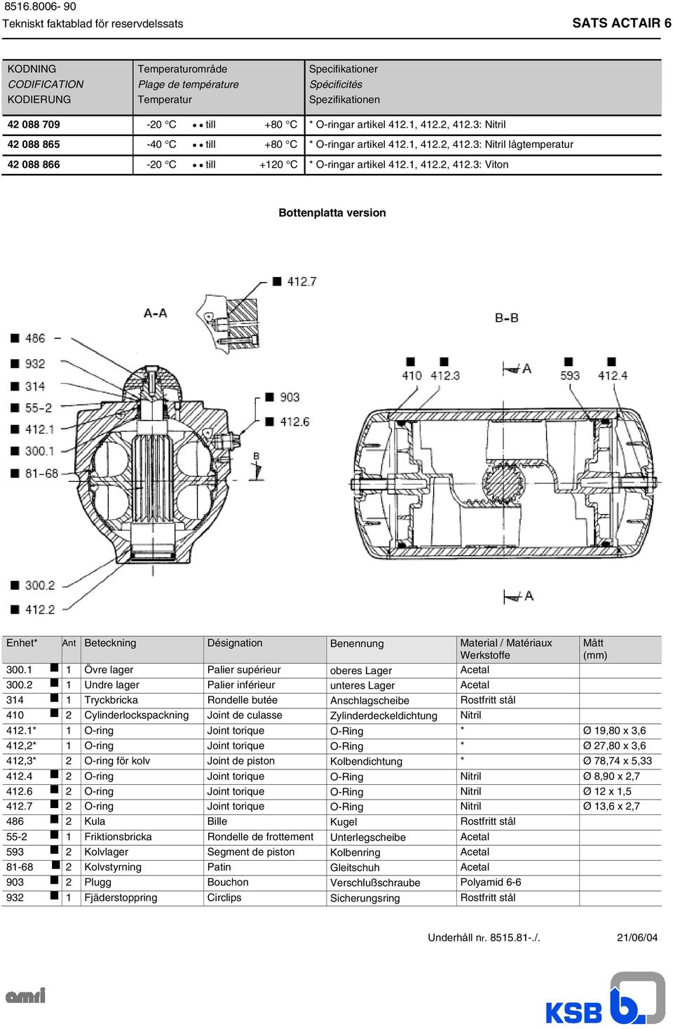 1, 412.2, 412.3: Viton Bottenplatta version Enhet* Ant Beteckning Désignation Benennung Material / Matériaux Werkstoffe 300.1 1 Övre lager Palier supérieur oberes Lager Acetal 300.