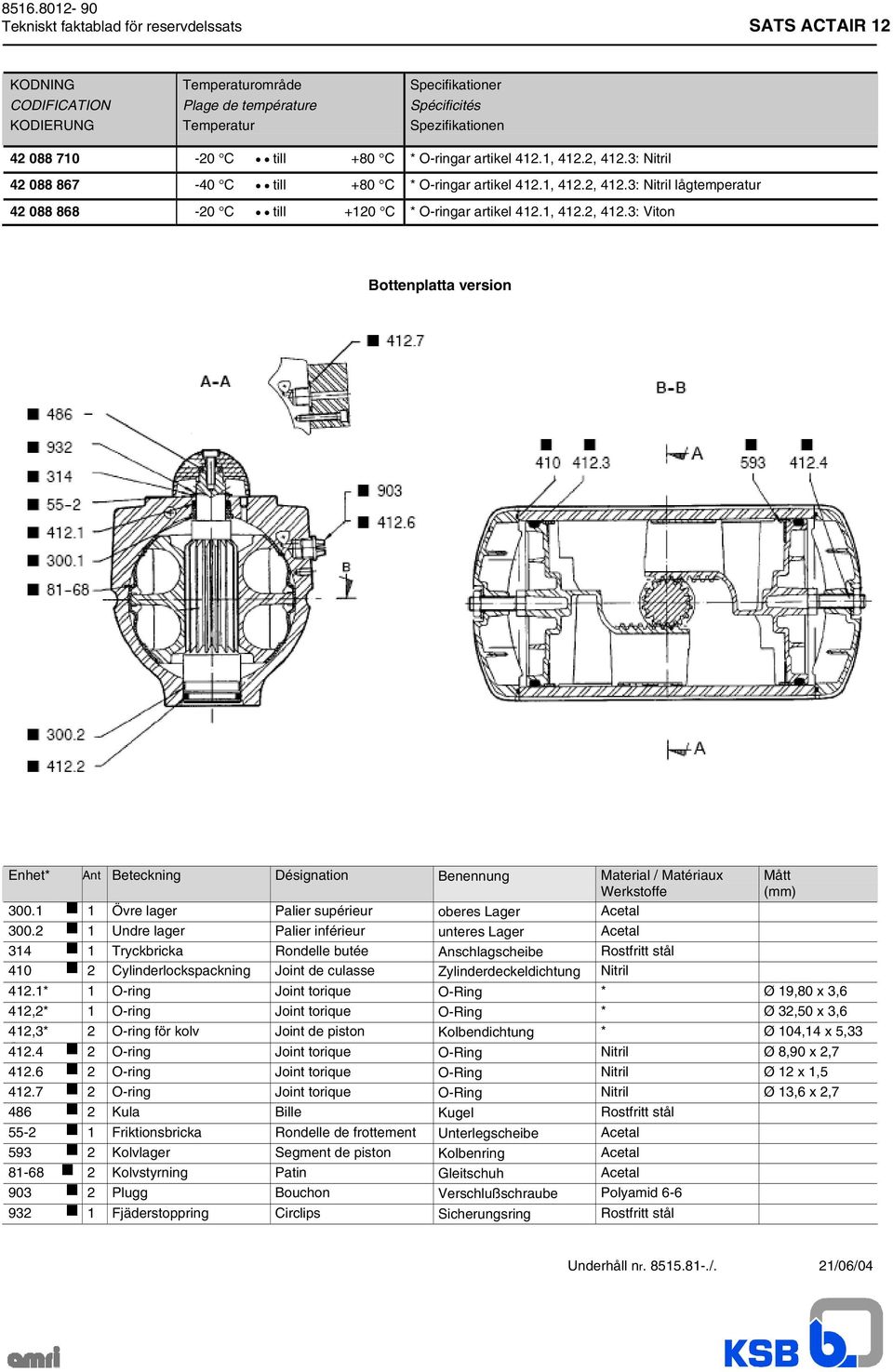 1, 412.2, 412.3: Viton Bottenplatta version Enhet* Ant Beteckning Désignation Benennung Material / Matériaux Werkstoffe 300.1 1 Övre lager Palier supérieur oberes Lager Acetal 300.