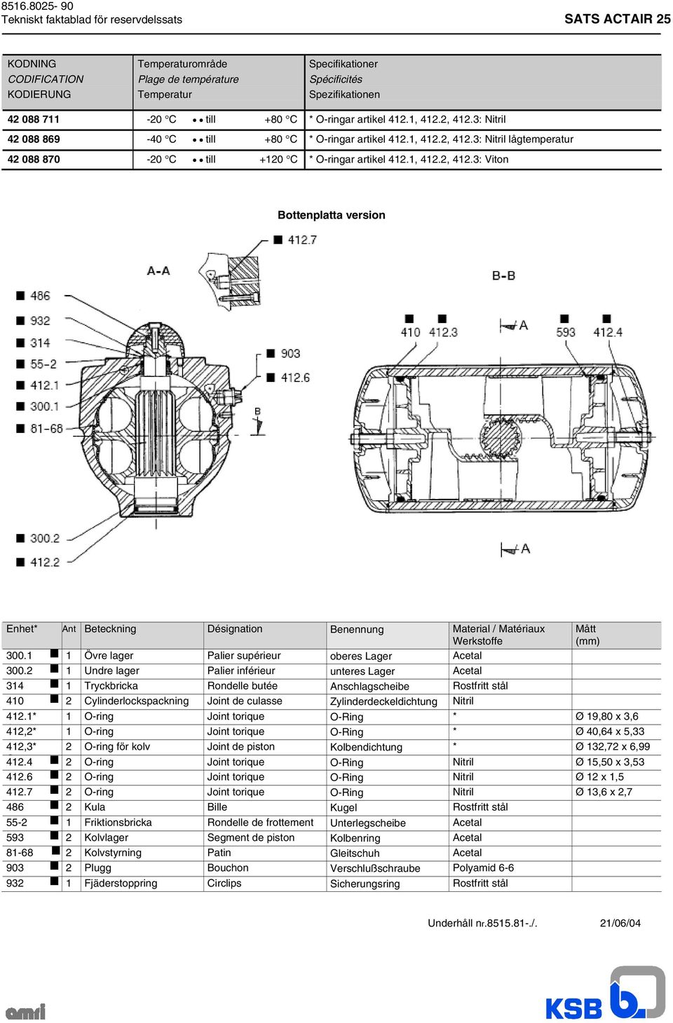 1, 412.2, 412.3: Viton Bottenplatta version Enhet* Ant Beteckning Désignation Benennung Material / Matériaux Werkstoffe 300.1 1 Övre lager Palier supérieur oberes Lager Acetal 300.