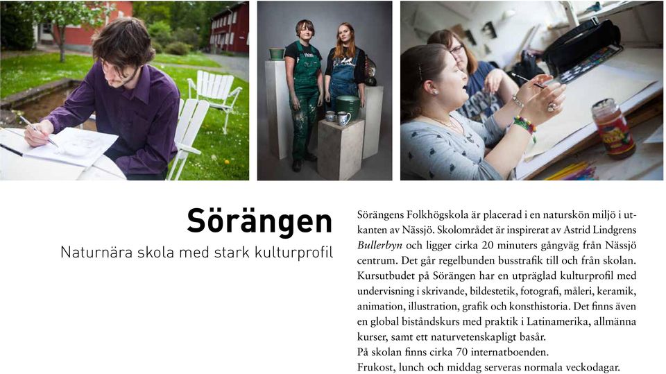 Kursutbudet på Sörängen har en utpräglad kultur profil med undervisning i skrivande, bildestetik, foto grafi, måleri, keramik, animation, illustration, grafik och