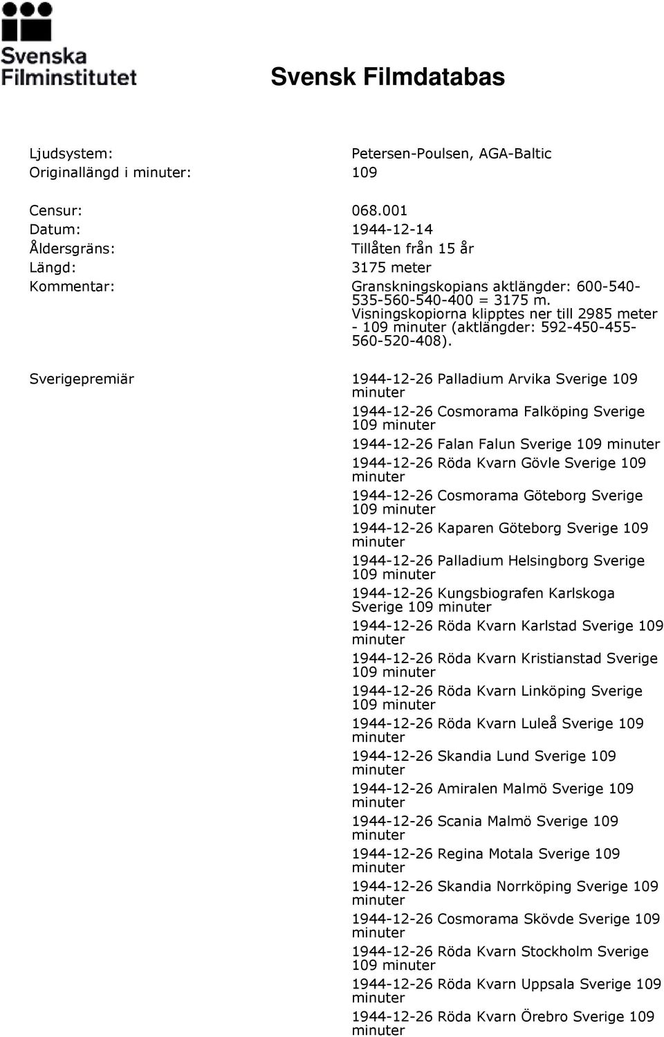 Visningskopiorna klipptes ner till 2985 meter - 109 (aktlängder: 592-450-455-560-520-408).