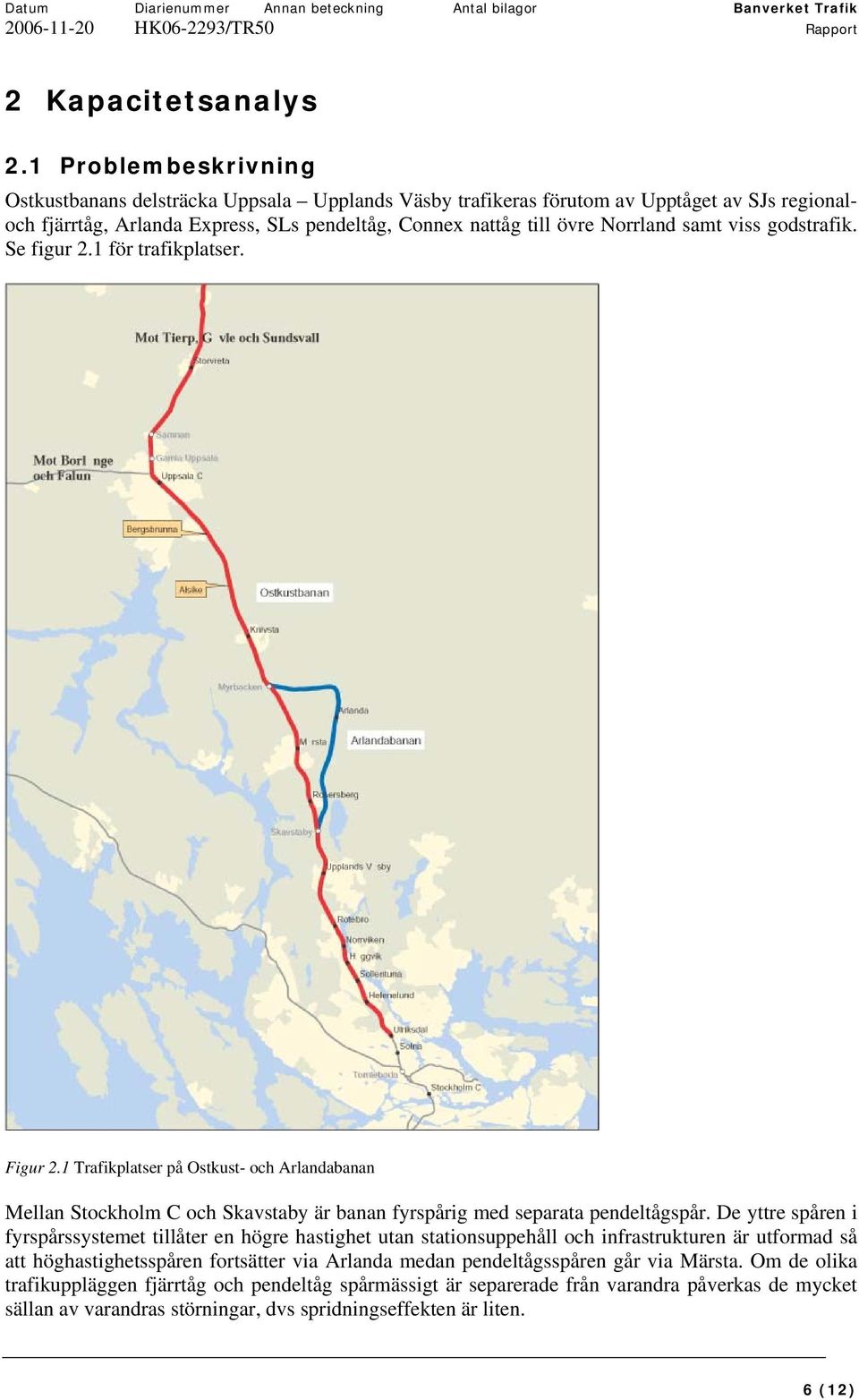 samt viss godstrafik. Se figur 2.1 för trafikplatser. Figur 2.1 Trafikplatser på Ostkust- och Arlandabanan Mellan Stockholm C och Skavstaby är banan fyrspårig med separata pendeltågspår.