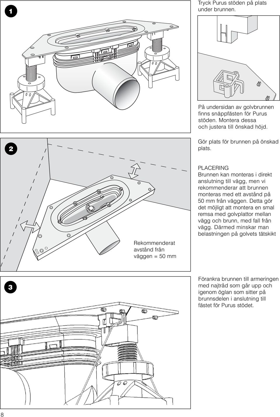 Rekommenderat avstånd från väggen = 50 mm PLACERING Brunnen kan monteras i direkt anslutning till vägg, men vi rekommenderar att brunnen monteras med ett avstånd på 50 mm