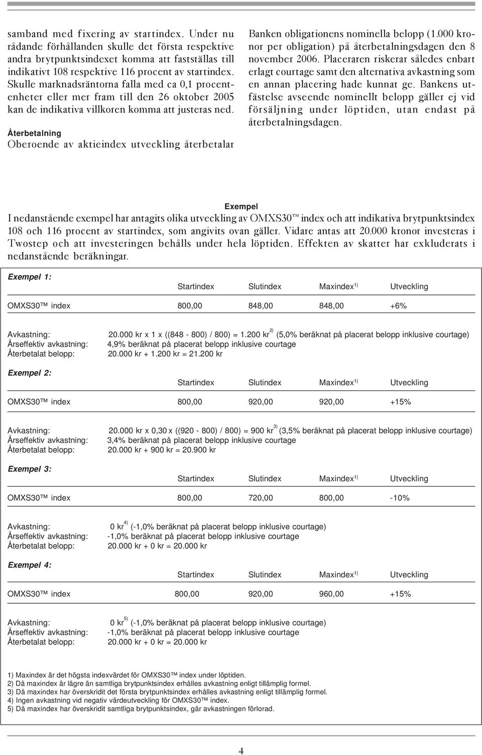 Återbetalning Oberoende av aktieindex utveckling återbetalar Banken obligationens nominella belopp (1.000 kronor per obligation) på återbetalningsdagen den 8 november 2006.