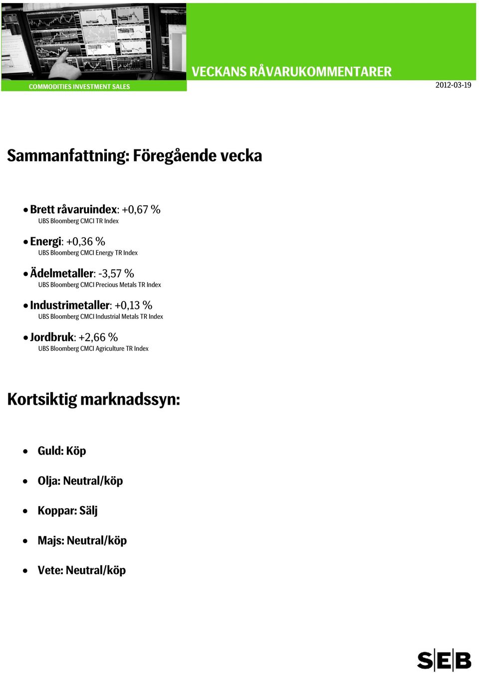 Industrimetaller: +0,13 % UBS Bloomberg CMCI Industrial Metals TR Index Jordbruk: +2,66 % UBS Bloomberg CMCI