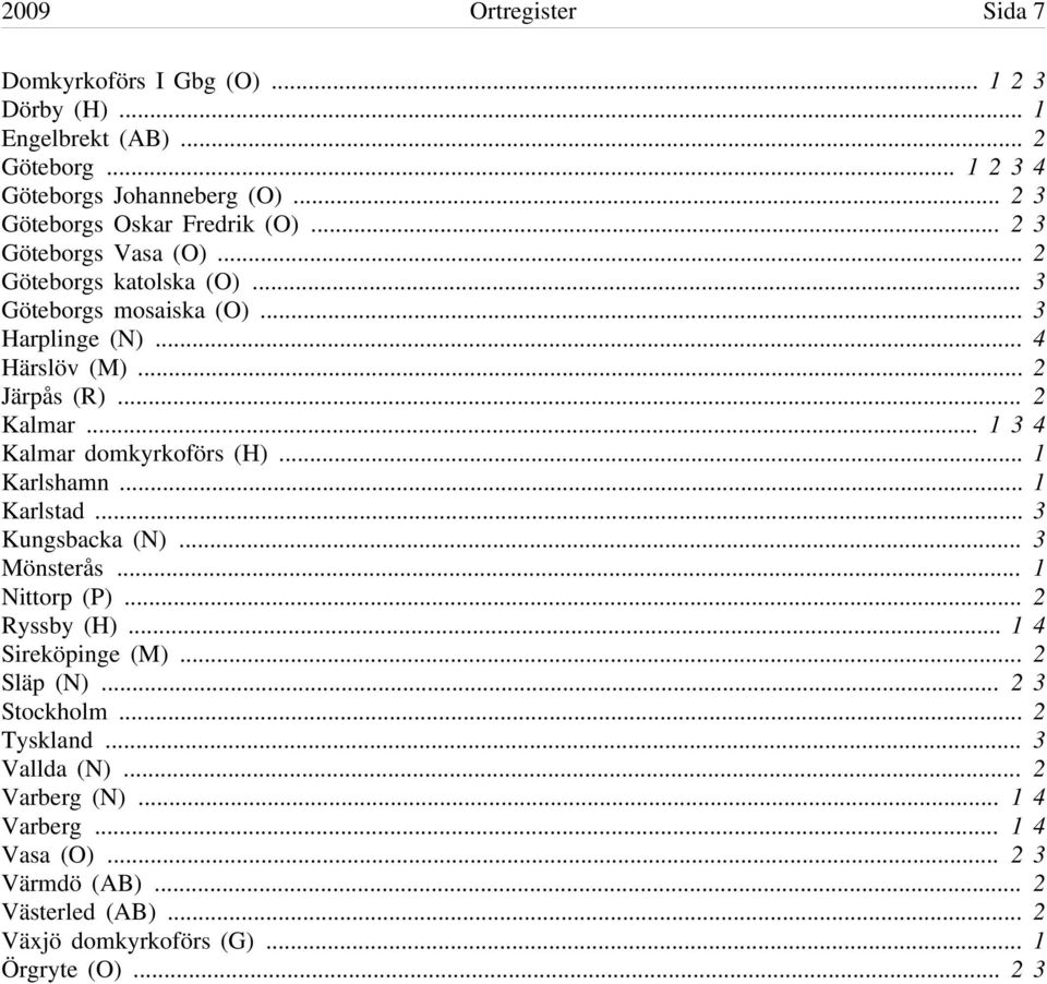 .. 2 Kalmar... 1 3 4 Kalmar domkyrkoförs (H)... 1 Karlshamn... 1 Karlstad... 3 Kungsbacka (N)... 3 Mönsterås... 1 Nittorp (P)... 2 Ryssby (H)... 1 4 Sireköpinge (M).