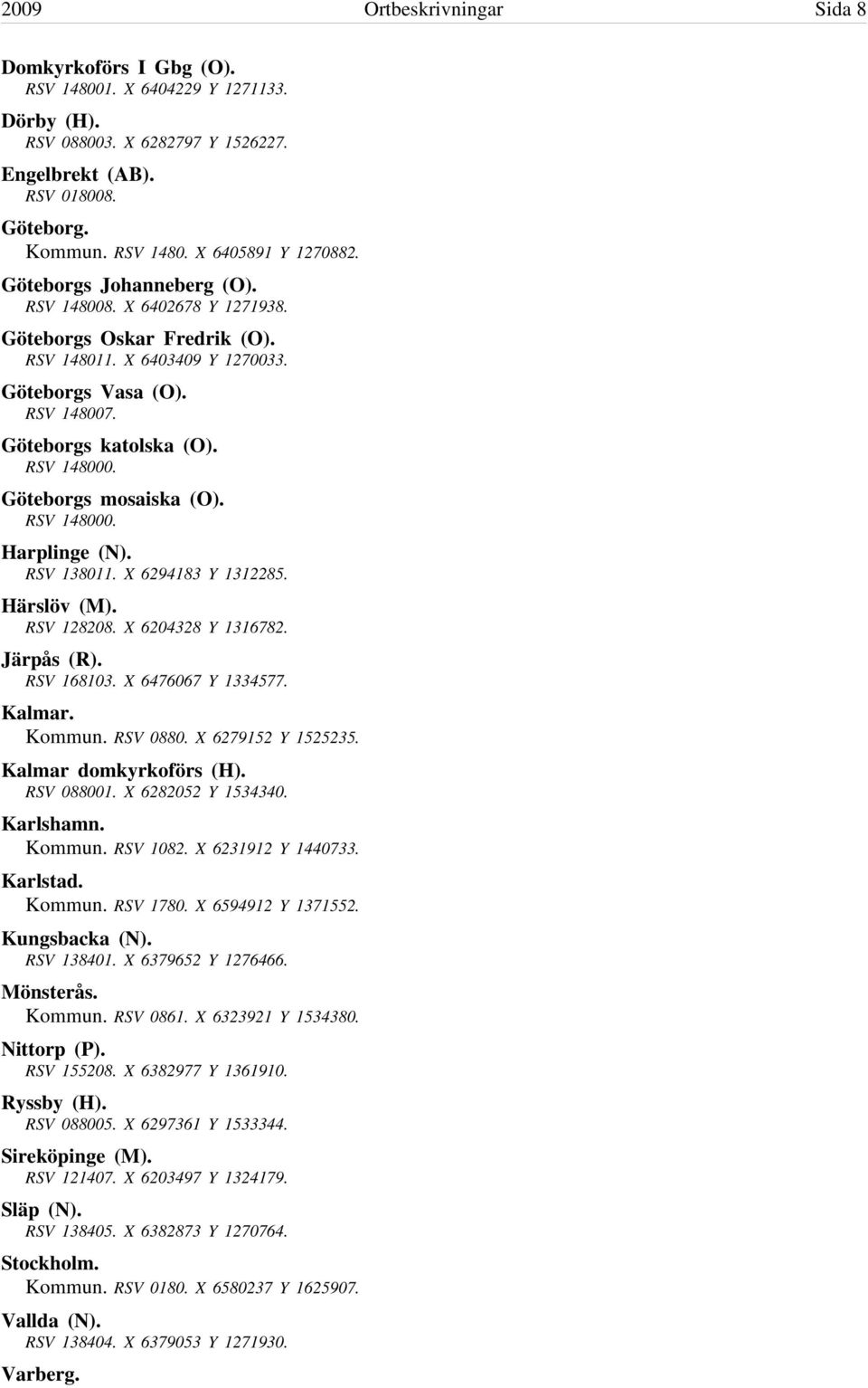 Göteborgs mosaiska (O). RSV 148000. Harplinge (N). RSV 138011. X 6294183 Y 1312285. Härslöv (M). RSV 128208. X 6204328 Y 1316782. Järpås (R). RSV 168103. X 6476067 Y 1334577. Kalmar. Kommun. RSV 0880.