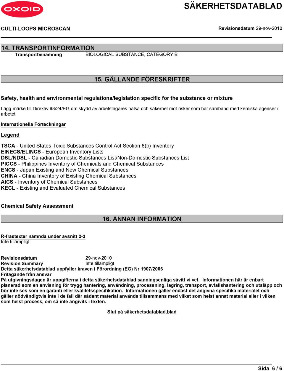 risker som har samband med kemiska agenser i arbetet Internationella Förteckningar Legend TSCA - United States Toxic Substances Control Act Section 8(b) Inventory EINECS/ELINCS - European Inventory