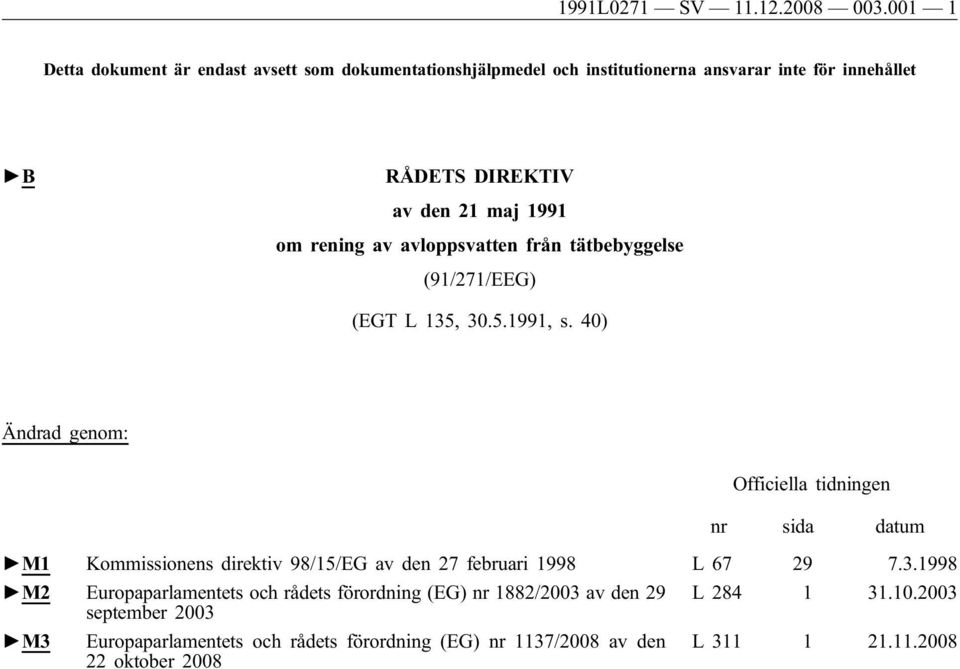 1991 om rening av avloppsvatten från tätbebyggelse (91/271/EEG) (EGT L 135, 30.5.1991, s.