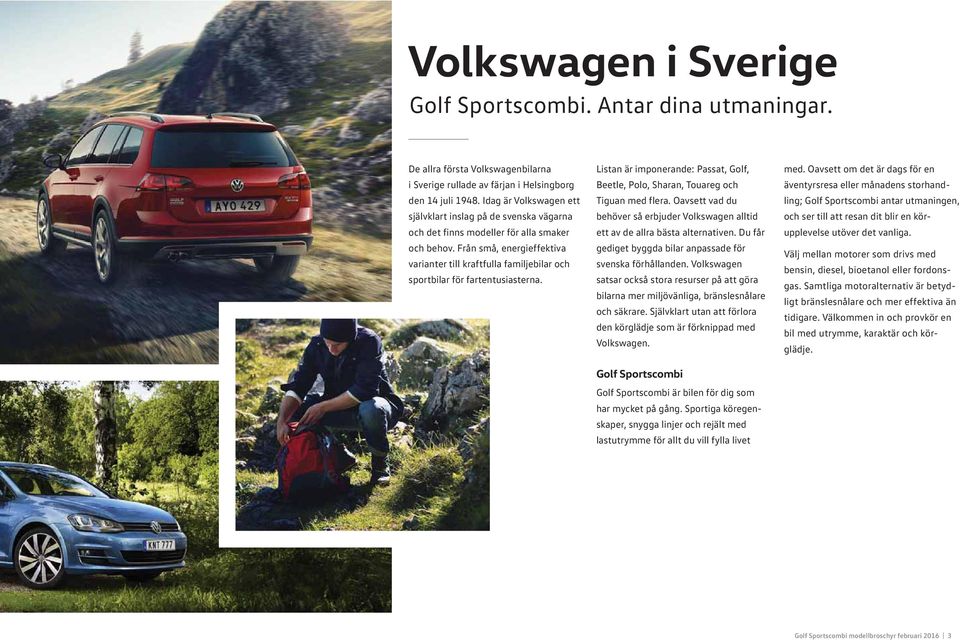 Från små, energieffektiva varianter till kraftfulla familjebilar och sportbilar för fartentusiasterna. Listan är imponerande: Passat, Golf, Beetle, Polo, Sharan, Touareg och Tiguan med flera.