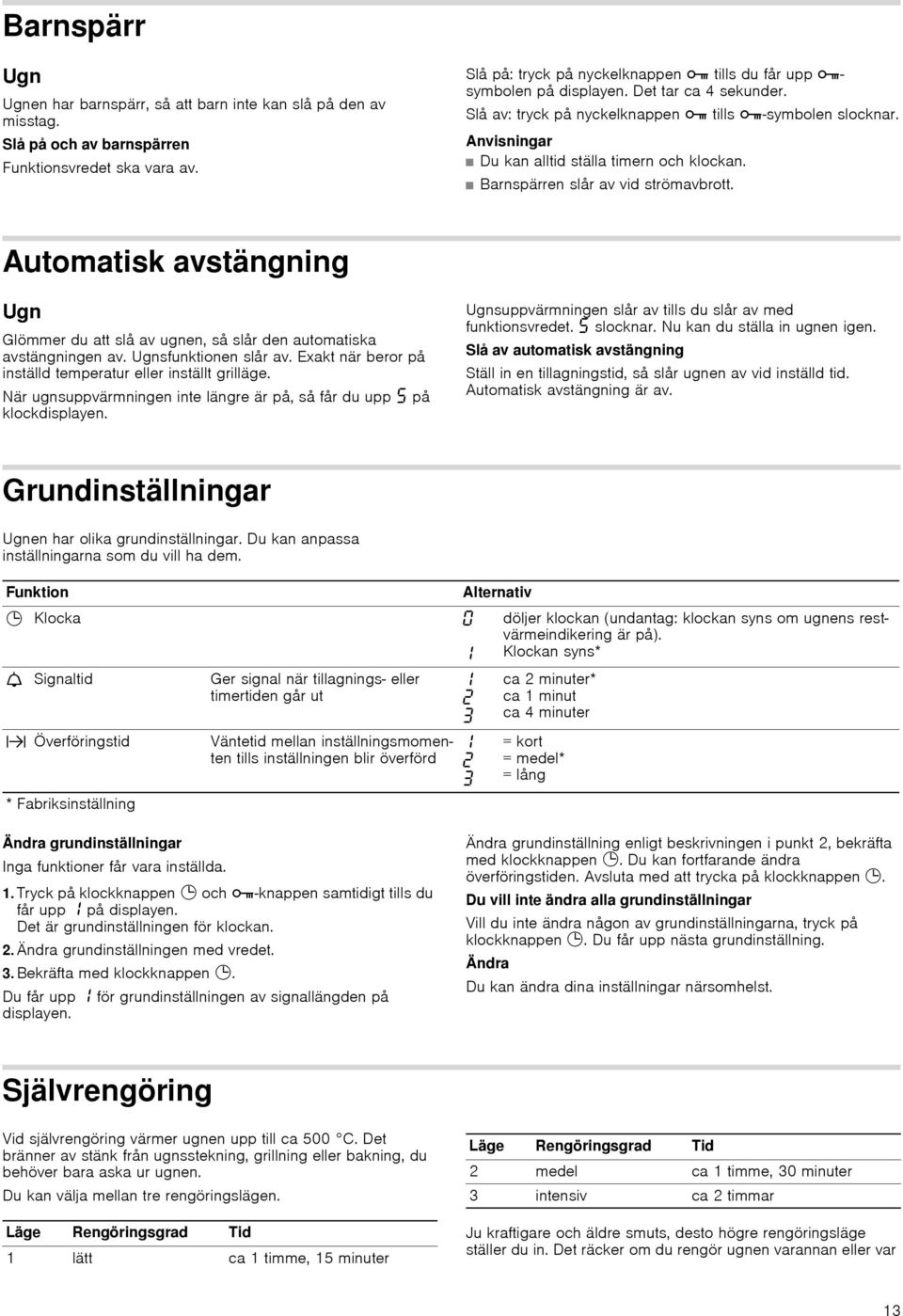 Anvisningar Du kan alltid ställa timern och klockan. Barnspärren slår av vid strömavbrott. Automatisk avstängning Ugn Glömmer du att slå av ugnen, så slår den automatiska avstängningen av.