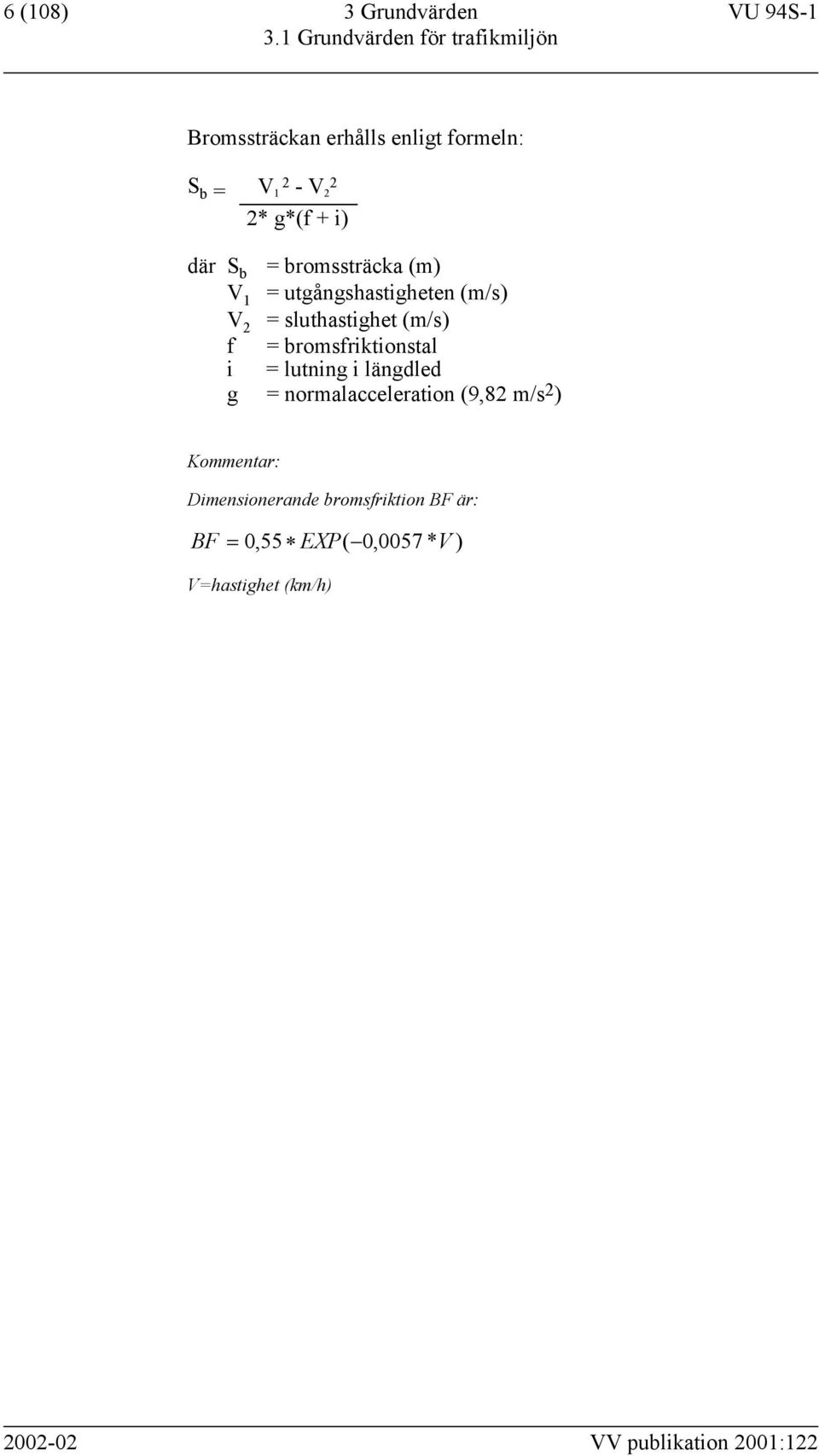 S b = bromssträcka (m) V 1 = utgångshastigheten (m/s) V 2 = sluthastighet (m/s) f = bromsfriktionstal i =