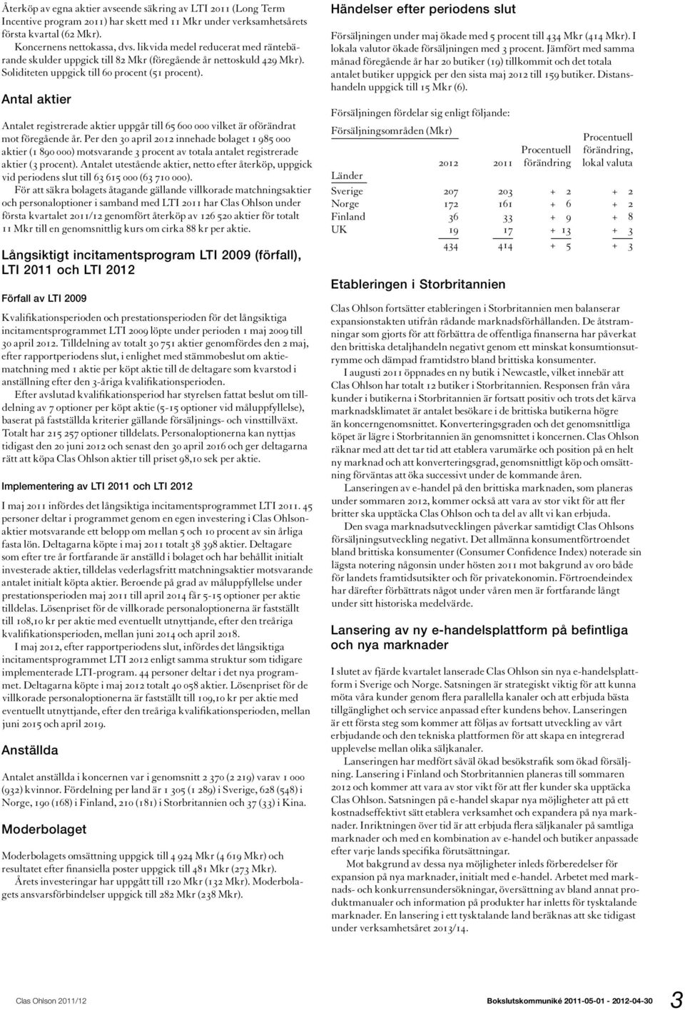 Antal aktier Antalet registrerade aktier uppgår till 65 600 000 vilket är oförändrat mot föregående år.