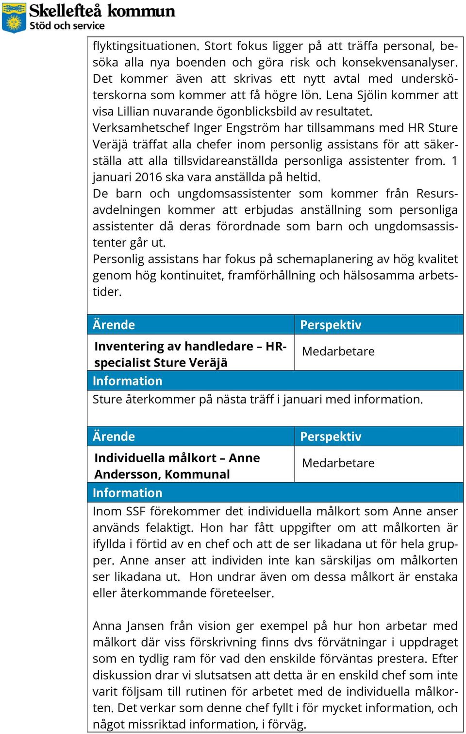Verksamhetschef Inger Engström har tillsammans med HR Sture Veräjä träffat alla chefer inom personlig assistans för att säkerställa att alla tillsvidareanställda personliga assistenter from.
