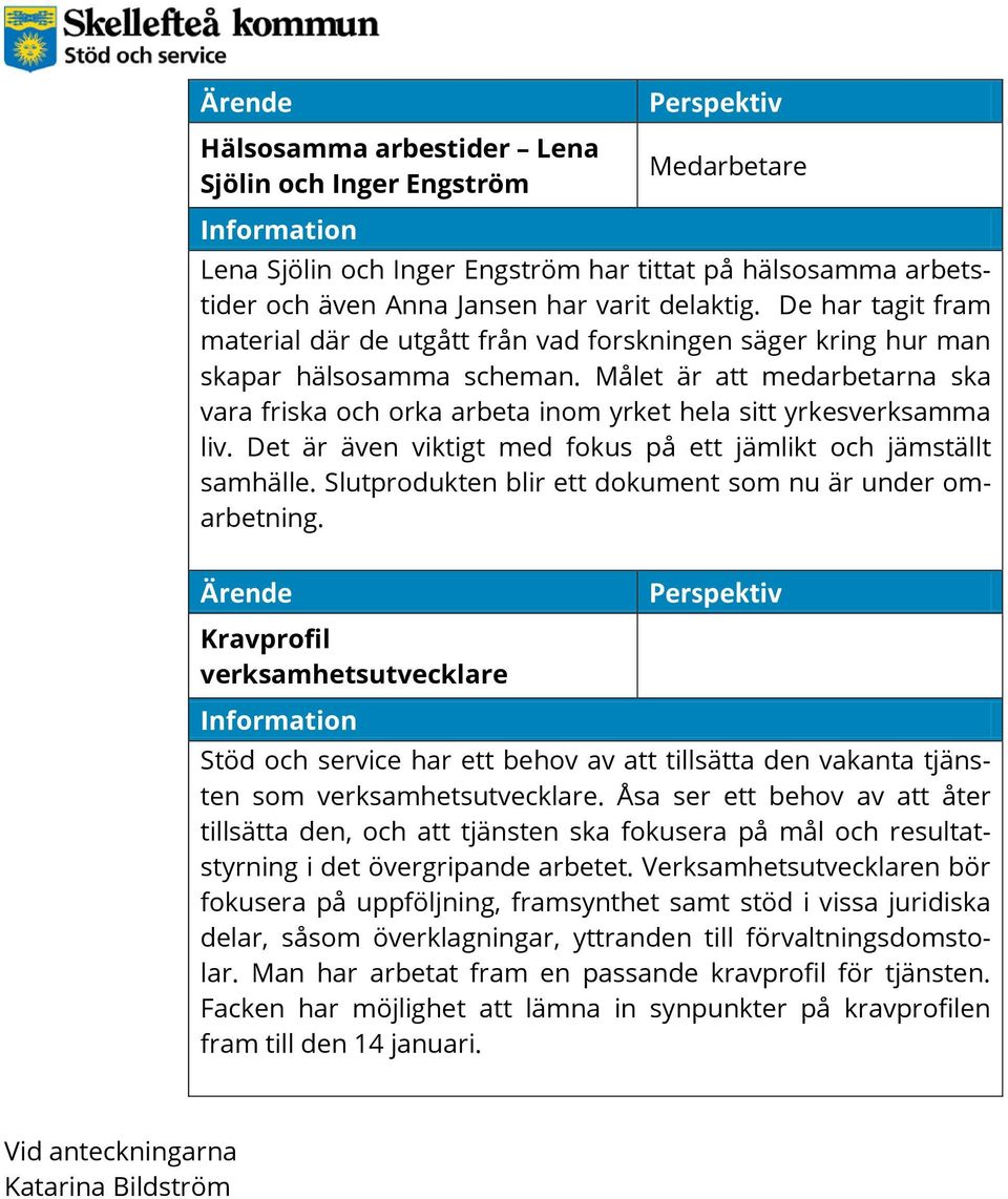 Målet är att medarbetarna ska vara friska och orka arbeta inom yrket hela sitt yrkesverksamma liv. Det är även viktigt med fokus på ett jämlikt och jämställt samhälle.