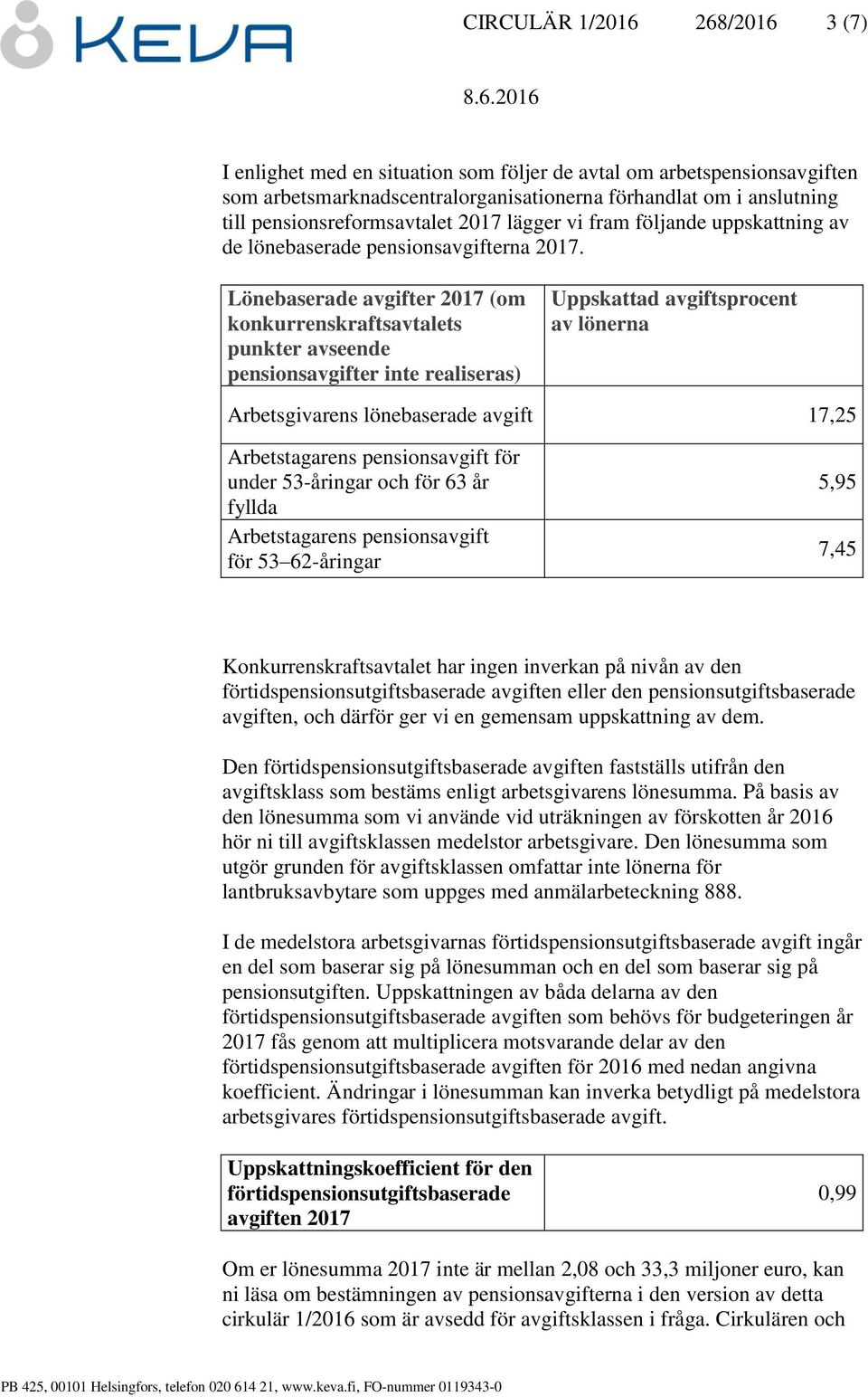 Lönebaserade avgifter 2017 (om pensionsavgifter inte realiseras) Uppskattad avgiftsprocent av lönerna Arbetsgivarens lönebaserade avgift 17,25 5,95 7,45 Konkurrenskraftsavtalet har ingen inverkan på