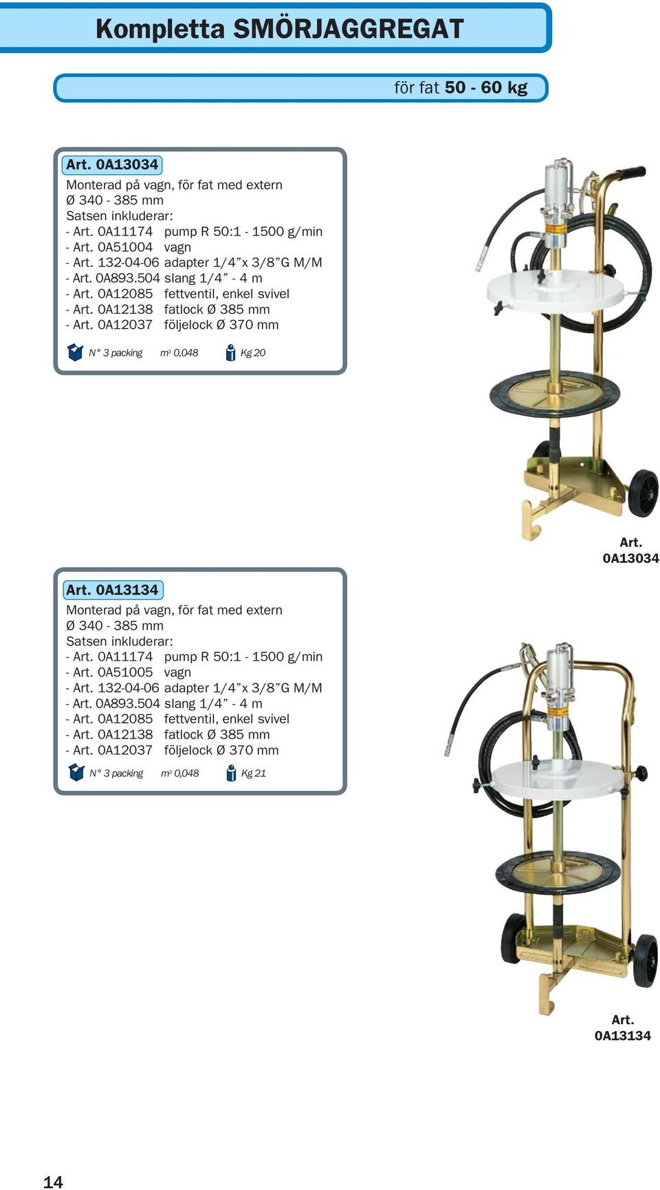 504 slang 1/4-4 m - 0A12085 fettventil, enkel svivel - 0A12138 fatlock Ø 385 mm - 0A12037 följelock Ø 370 mm N 3 packing m 3 0,048 Kg 20 0A13034 0A13134 Monterad på