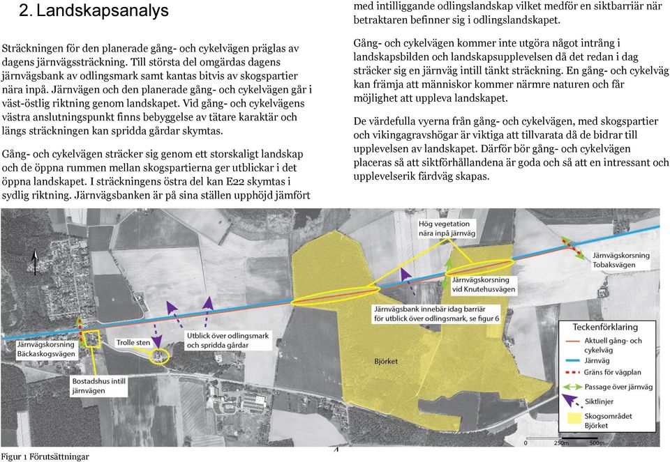 Vid gång- och cykelvägens västra anslutningspunkt finns bebyggelse av tätare karaktär och längs sträckningen kan spridda gårdar skymtas.