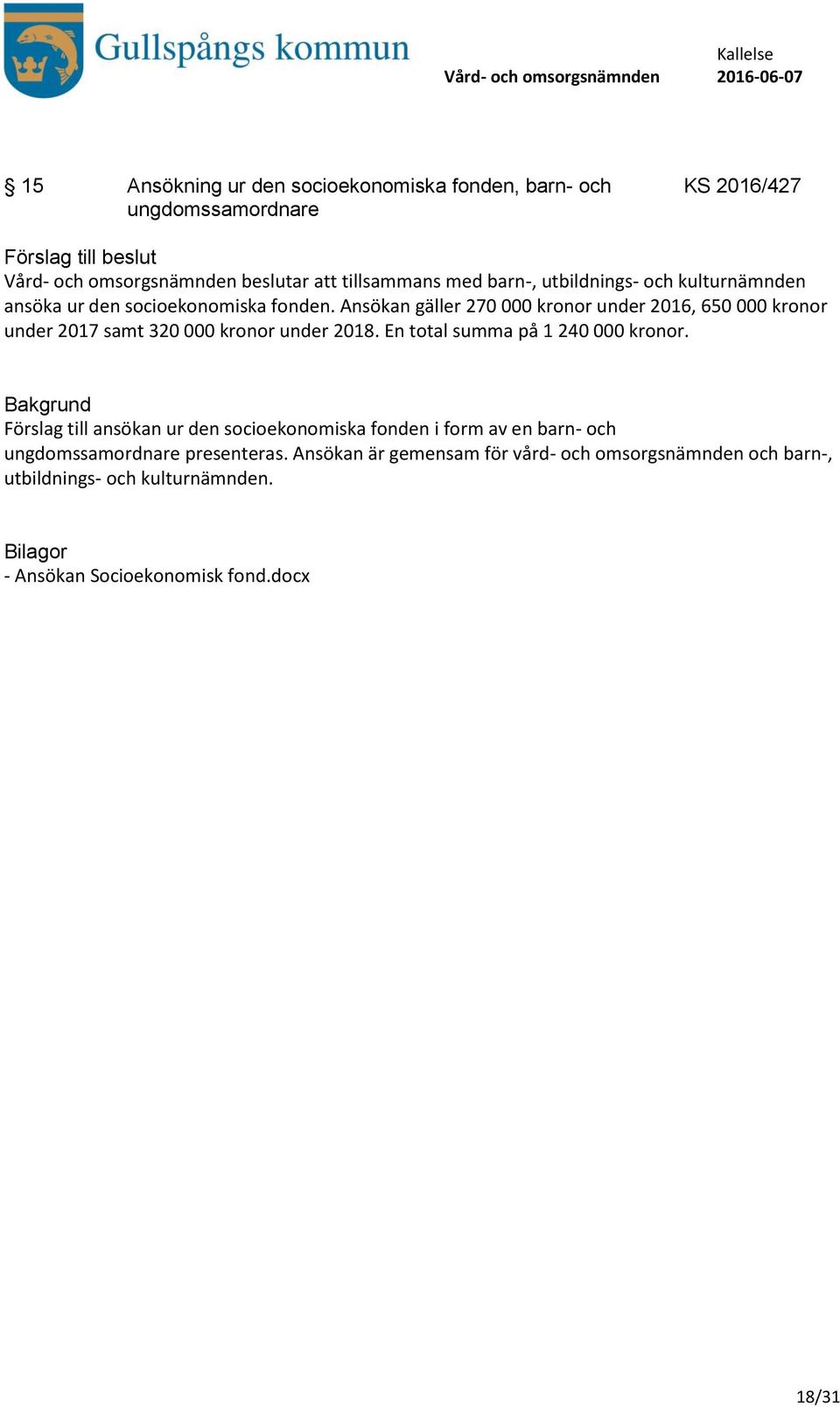 Ansökan gäller 270 000 kronor under 2016, 650 000 kronor under 2017 samt 320 000 kronor under 2018. En total summa på 1 240 000 kronor.