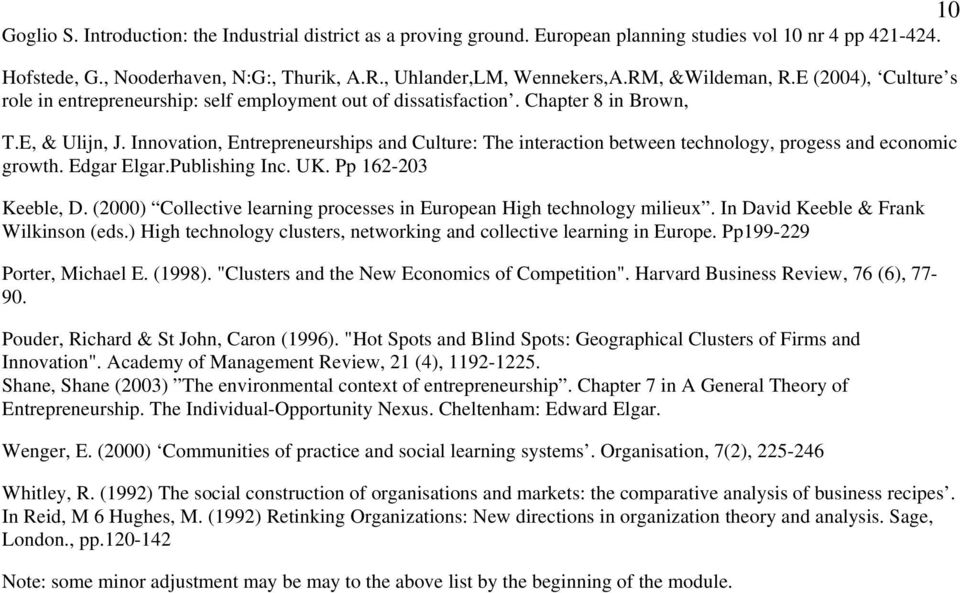 Innovation, Entrepreneurships and Culture: The interaction between technology, progess and economic growth. Edgar Elgar.Publishing Inc. UK. Pp 162-203 Keeble, D.