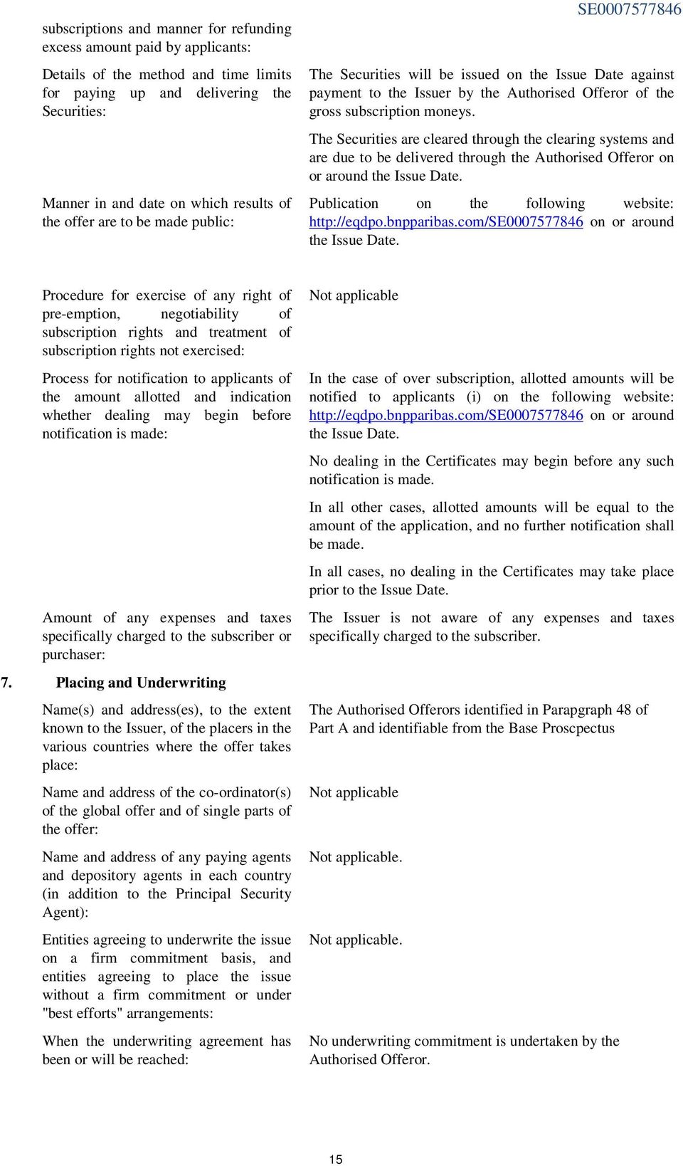 The Securities are cleared through the clearing systems and are due to be delivered through the Authorised Offeror on or around the Issue Date. Publication on the following website: http://eqdpo.