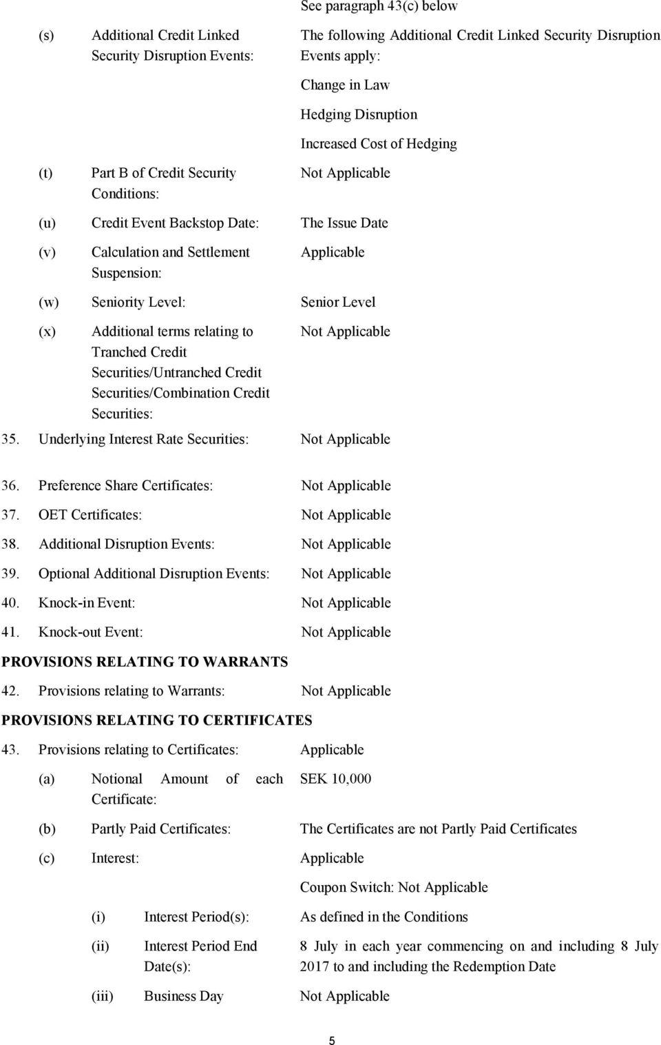 Additional terms relating to Tranched Credit Securities/Untranched Credit Securities/Combination Credit Securities: 35. Underlying 3 Interest Rate Securities:. 36. Preference Share Certificates: 37.