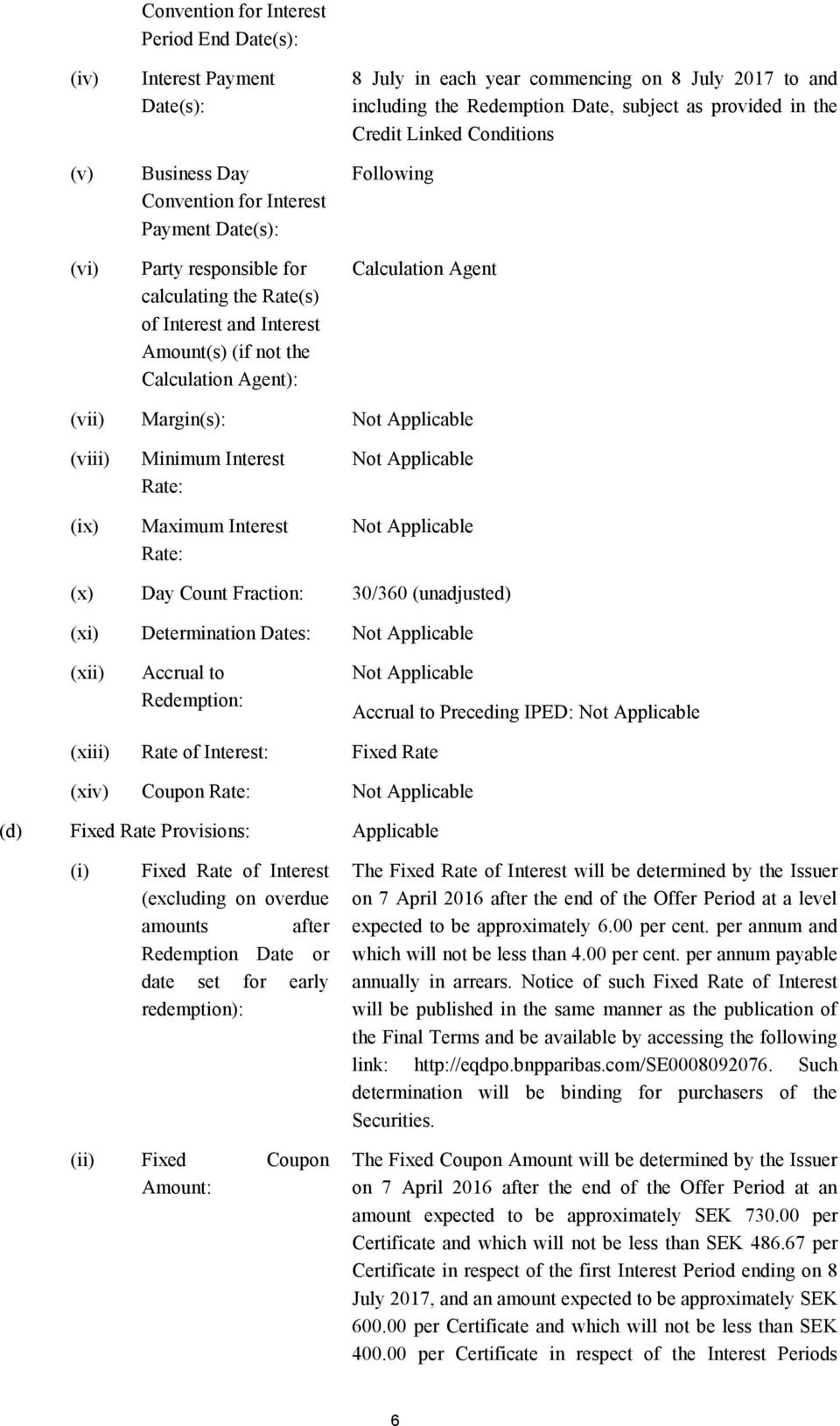 Calculation Agent (vii) Margin(s): (viii) (ix) Minimum Interest Rate: Maximum Interest Rate: (x) Day Count Fraction: 30/360 (unadjusted) (xi) Determination Dates: (xii) Accrual to Redemption: Accrual