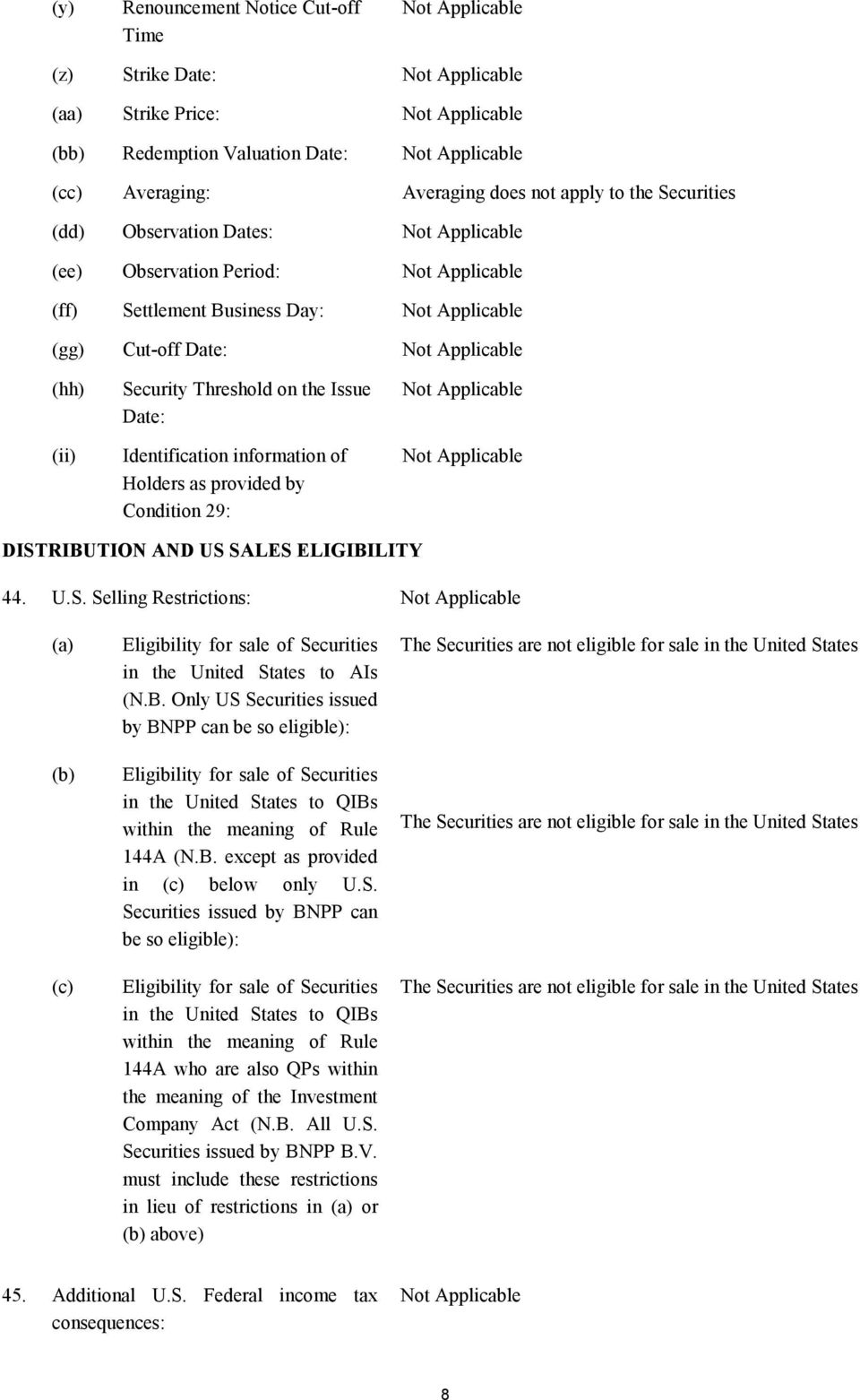 AND US SALES ELIGIBILITY 44. U.S. Selling Restrictions: (a) (b) (c) Eligibility for sale of Securities in the United States to AIs (N.B. Only US Securities issued by BNPP can be so eligible): Eligibility for sale of Securities in the United States to QIBs within the meaning of Rule 144A (N.