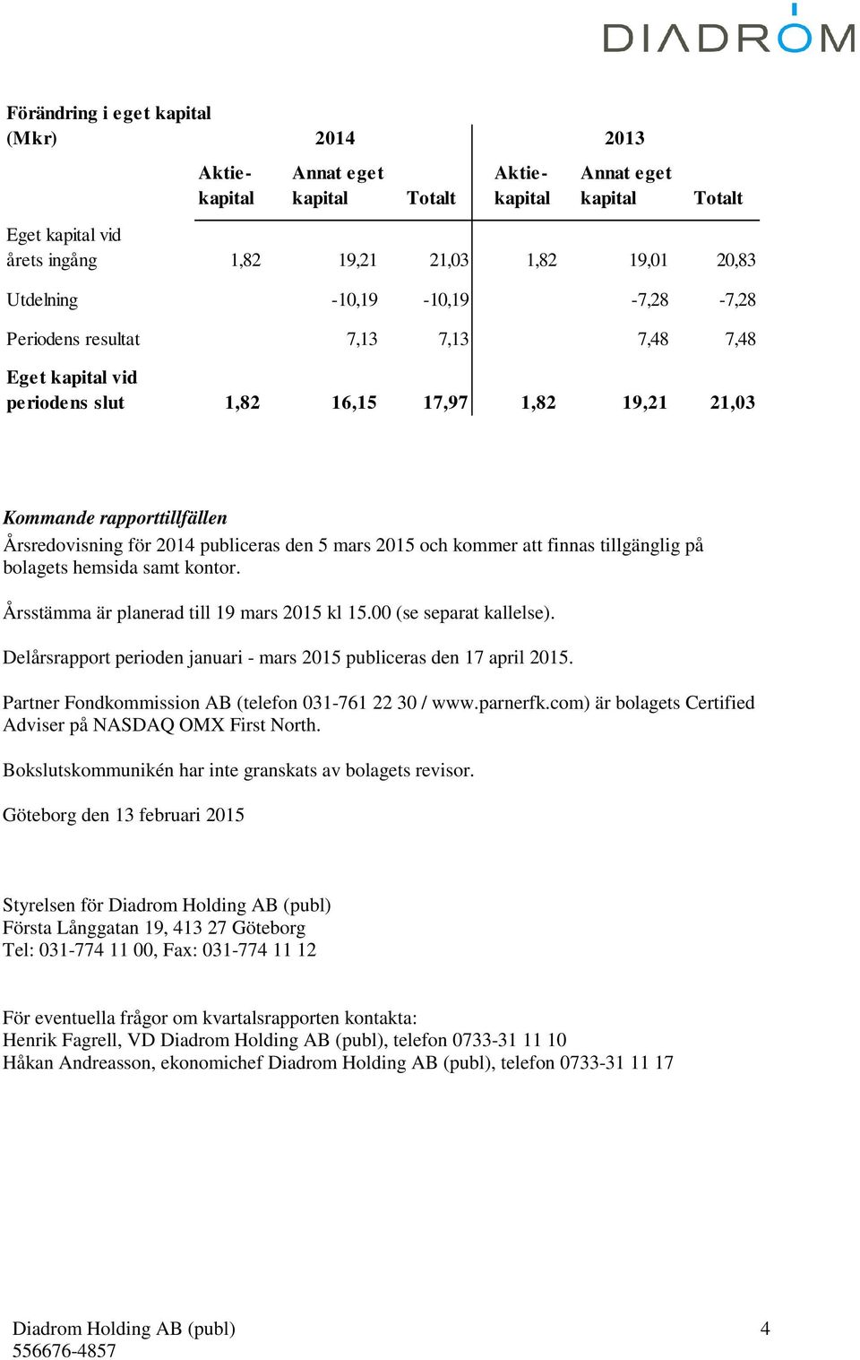 mars 2015 och kommer att finnas tillgänglig på bolagets hemsida samt kontor. Årsstämma är planerad till 19 mars 2015 kl 15.00 (se separat kallelse).