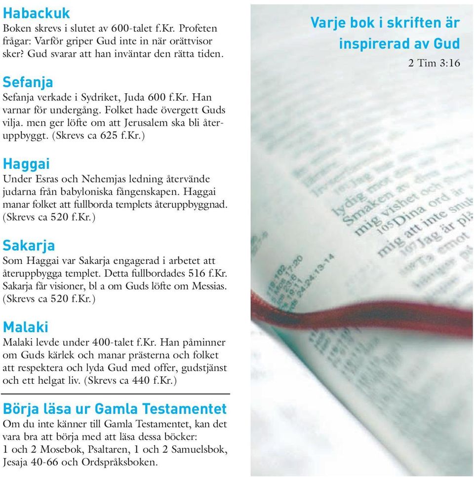 Haggai manar folket att fullborda templets återuppbyggnad. (Skrevs ca 5 f.kr.) Sakarja Som Haggai var Sakarja engagerad i arbetet att återuppbygga templet. Detta fullbordades 5 f.kr. Sakarja får visioner, bl a om Guds löfte om Messias.