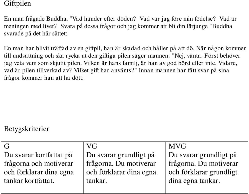 När någon kommer till undsättning och ska rycka ut den giftiga pilen säger mannen: "Nej, vänta. Först behöver jag veta vem som skjutit pilen. Vilken är hans familj, är han av god börd eller inte.