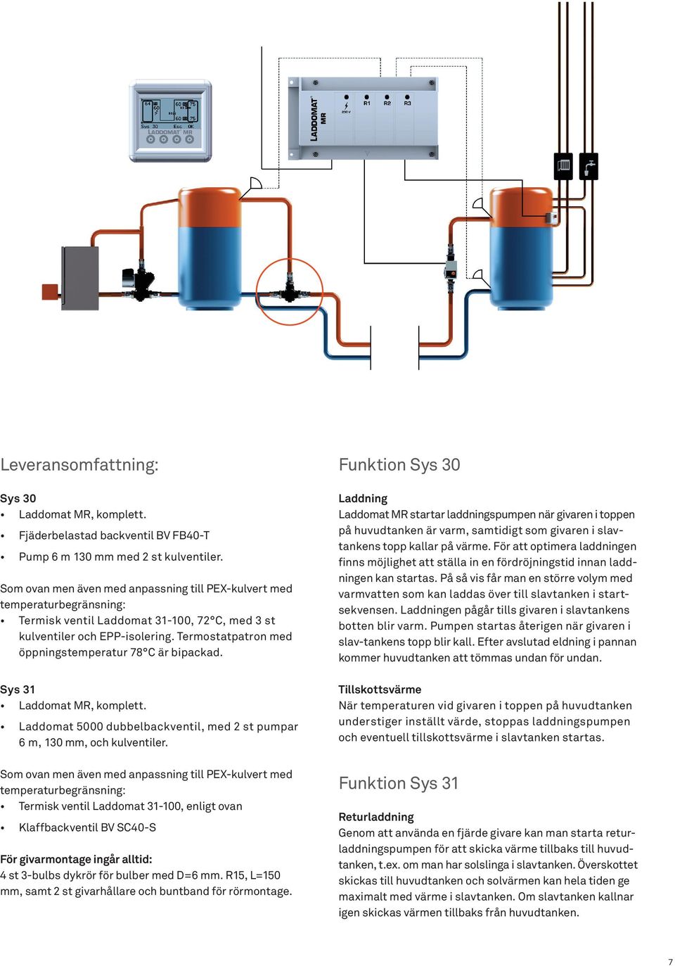 Termostatpatron med öppningstemperatur 78 C är bipackad. Sys 31 Laddomat MR, komplett. Laddomat 5000 dubbelbackventil, med 2 st pumpar 6 m, 130 mm, och kulventiler.