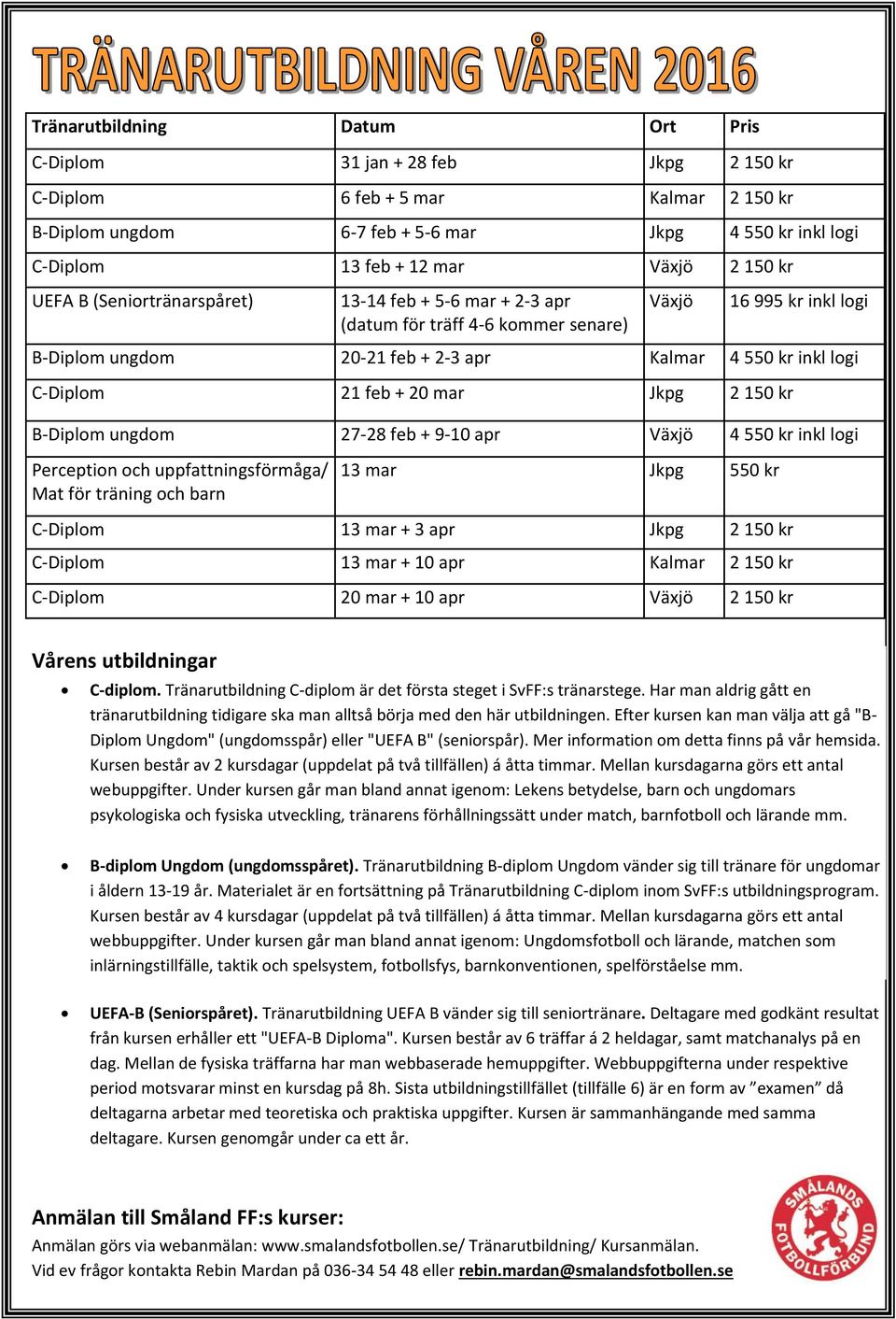 21 feb + 20 mar Jkpg 2 150 kr B-Diplom ungdom 27-28 feb + 9-10 apr Växjö 4 550 kr inkl logi Perception och uppfattningsförmåga/ Mat för träning och barn 13 mar Jkpg 550 kr C-Diplom 13 mar + 3 apr