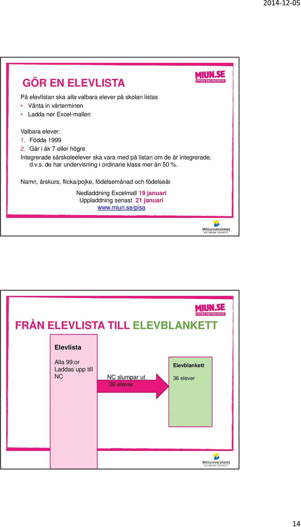 Namn, årskurs, flicka/pojke, födelsemånad och födelseår Nedladdning Excelmall 19 januari Uppladdning senast 21 januari www.miun.