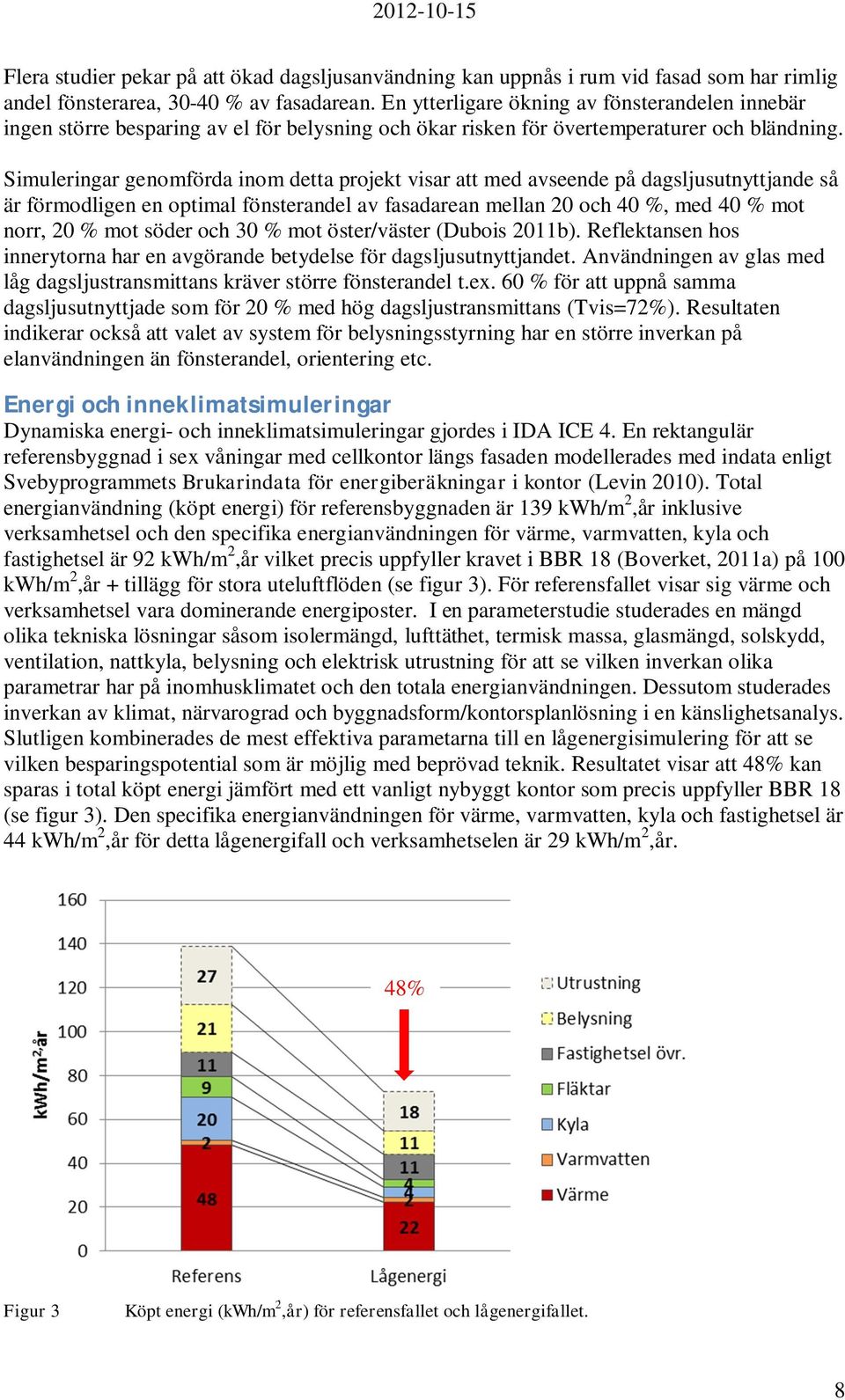 Simuleringar genomförda inom detta projekt visar att med avseende på dagsljusutnyttjande så är förmodligen en optimal fönsterandel av fasadarean mellan 20 och 40 %, med 40 % mot norr, 20 % mot söder