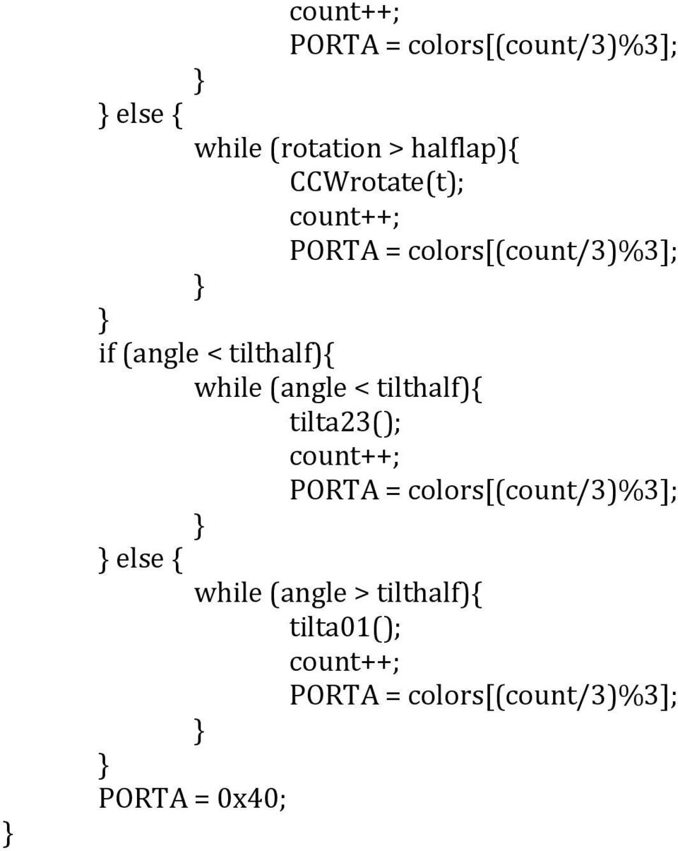 while (angle < tilthalf) tilta23(); PORTA = colors[(count/3)%3];