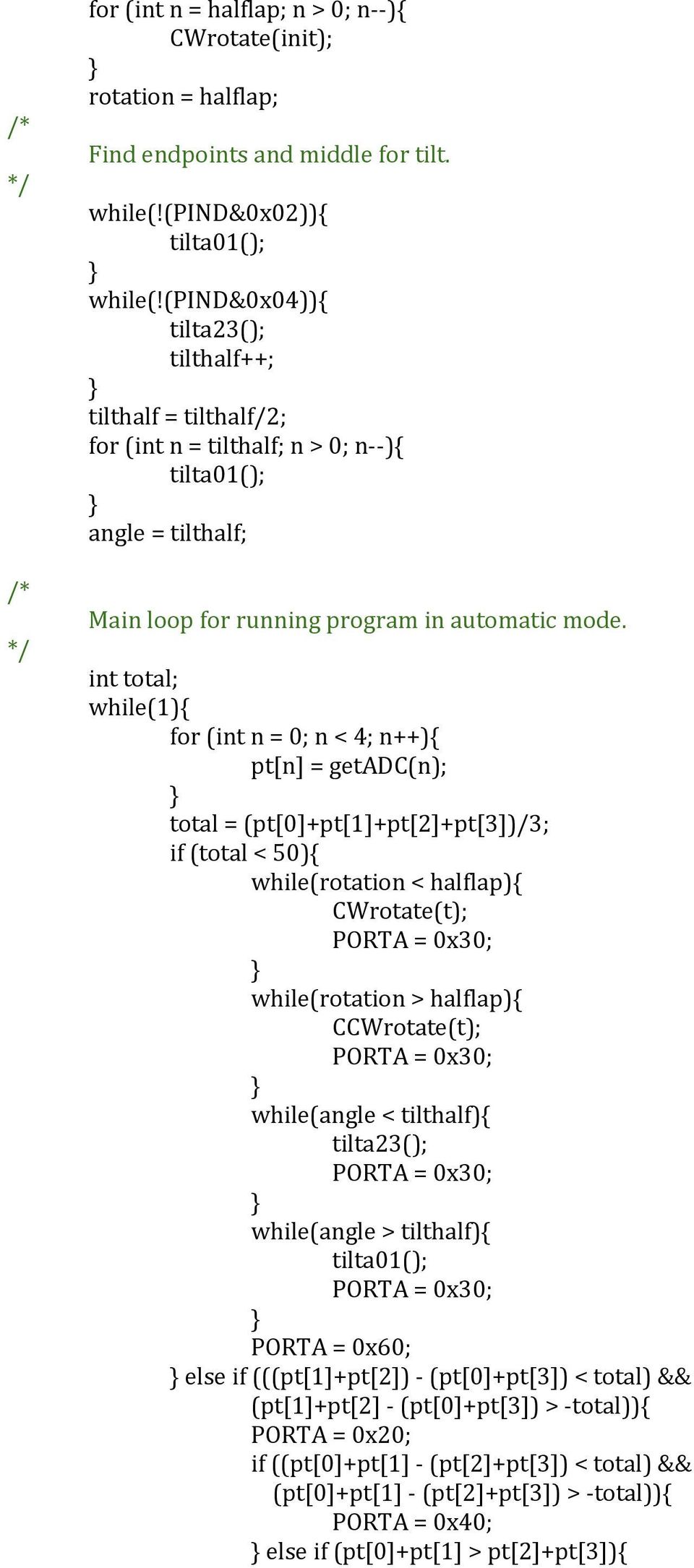 int total; while(1) for (int n = 0; n < 4; n++) pt[n] = getadc(n); total = (pt[0]+pt[1]+pt[2]+pt[3])/3; if (total < 50) while(rotation < halflap) CWrotate(t); PORTA = 0x30; while(rotation > halflap)