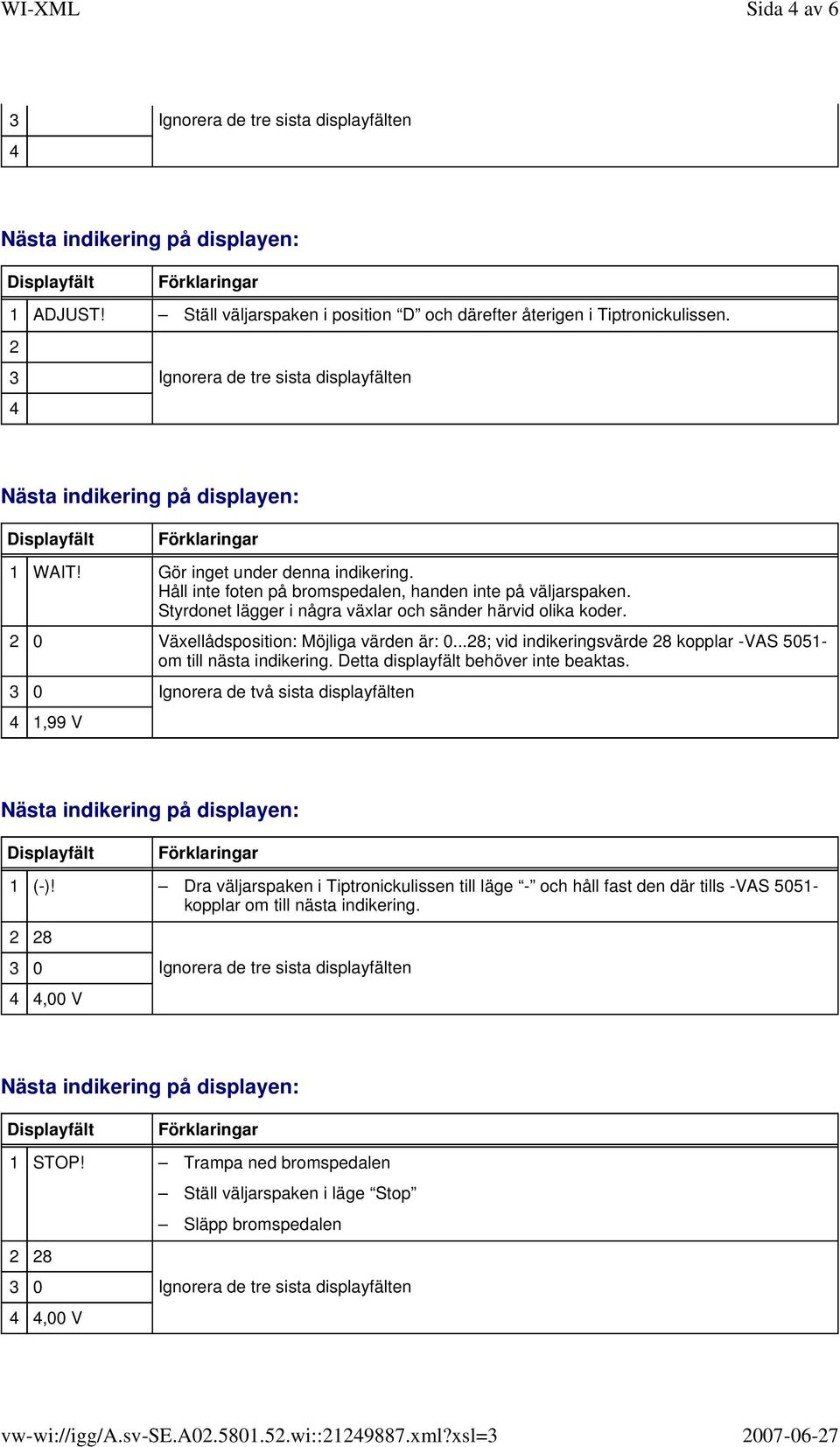 2 0 Växellådsposition: Möjliga värden är: 0...28; vid indikeringsvärde 28 kopplar -VAS 5051- om till nästa indikering. Detta displayfält behöver inte beaktas.