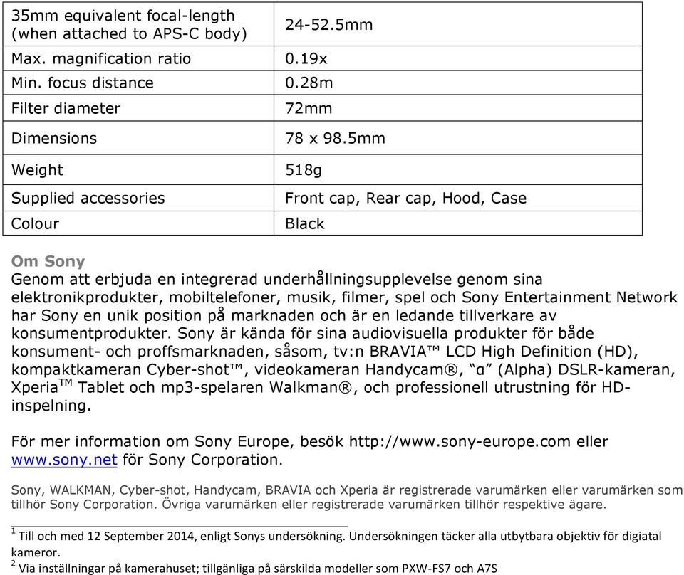 5mm 518g Front cap, Rear cap, Hood, Case Black Om Sony Genom att erbjuda en integrerad underhållningsupplevelse genom sina elektronikprodukter, mobiltelefoner, musik, filmer, spel och Sony