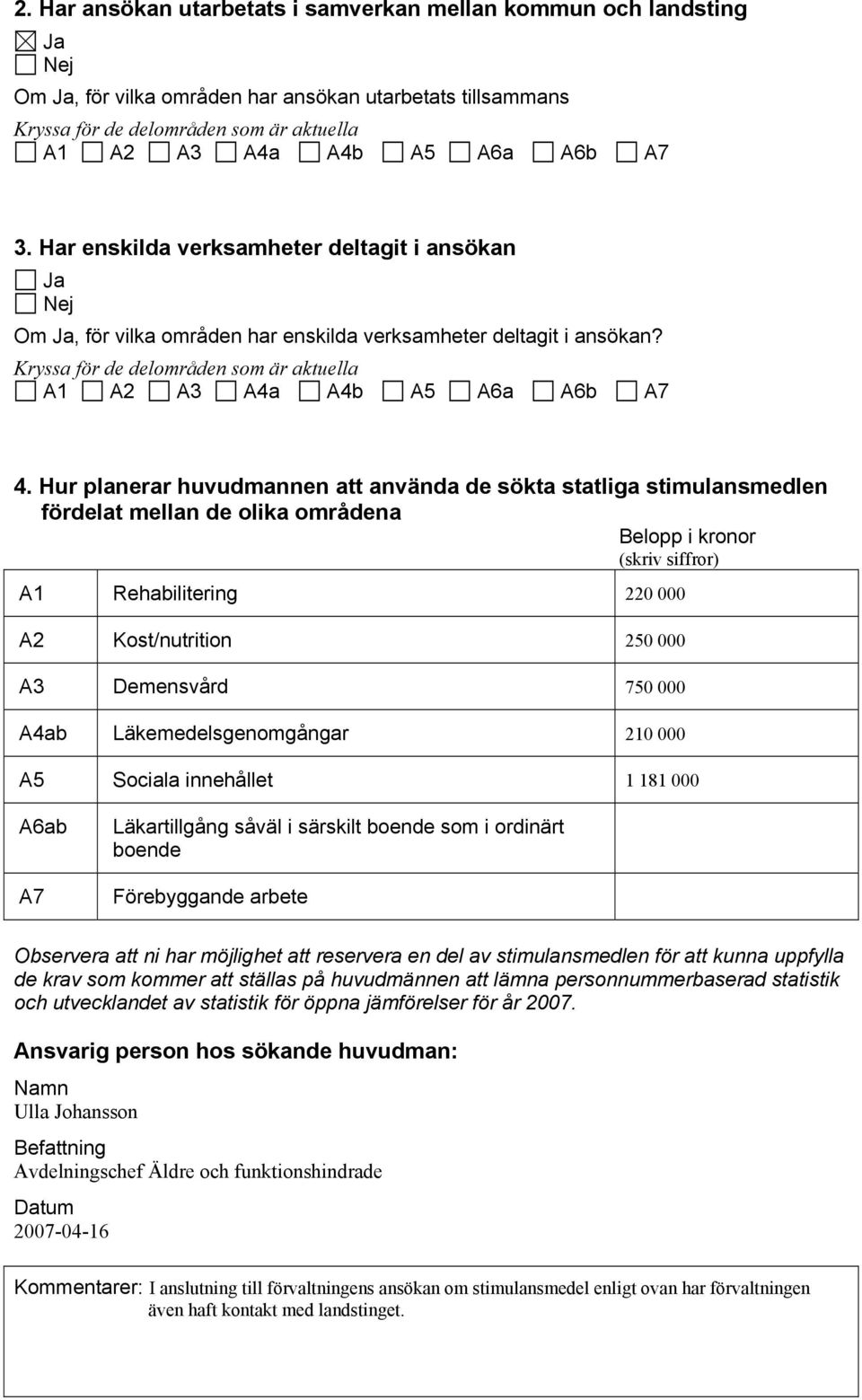 Hur planerar huvudmannen att använda de sökta statliga stimulansmedlen fördelat mellan de olika områdena Belopp i kronor (skriv siffror) A1 Rehabilitering 220 000 A2 Kost/nutrition 250 000 A3