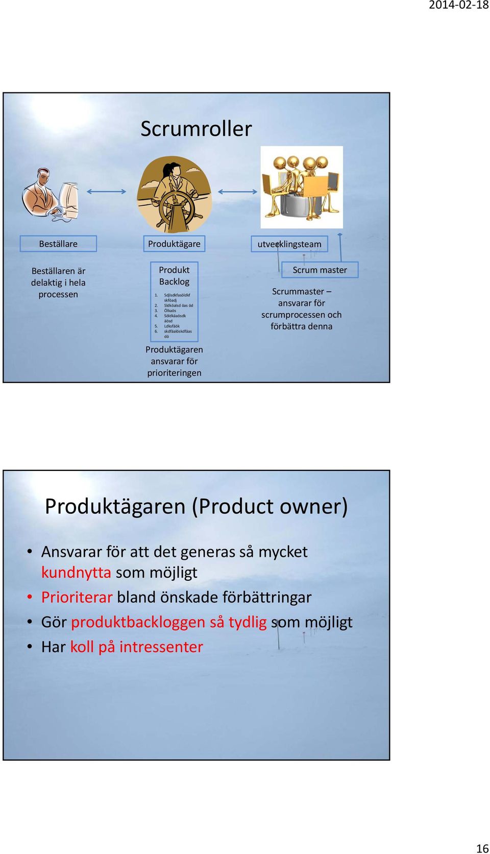 skdfäalöskdfäas dö Produktägaren ansvarar för prioriteringen Scrum master Scrummaster ansvarar för scrumprocessen och förbättra denna