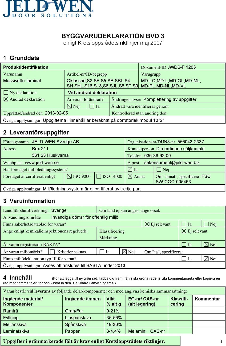 Varugrupp MD-LO,MD-L,MD-OL,MD-ML, MD-PL,MD-NL,MD-VL Ändringen avser Komplettering av uppgifter Nej Ja Ändrad vara identifieras genom Kontrollerad utan ändring den Uppgifterna i innehåll är beräknat