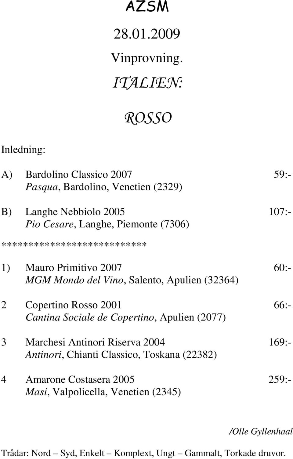 Piemonte (7306) *************************** 1) Mauro Primitivo 2007 60:- MGM Mondo del Vino, Salento, Apulien (32364) 2 Copertino Rosso 2001 66:-