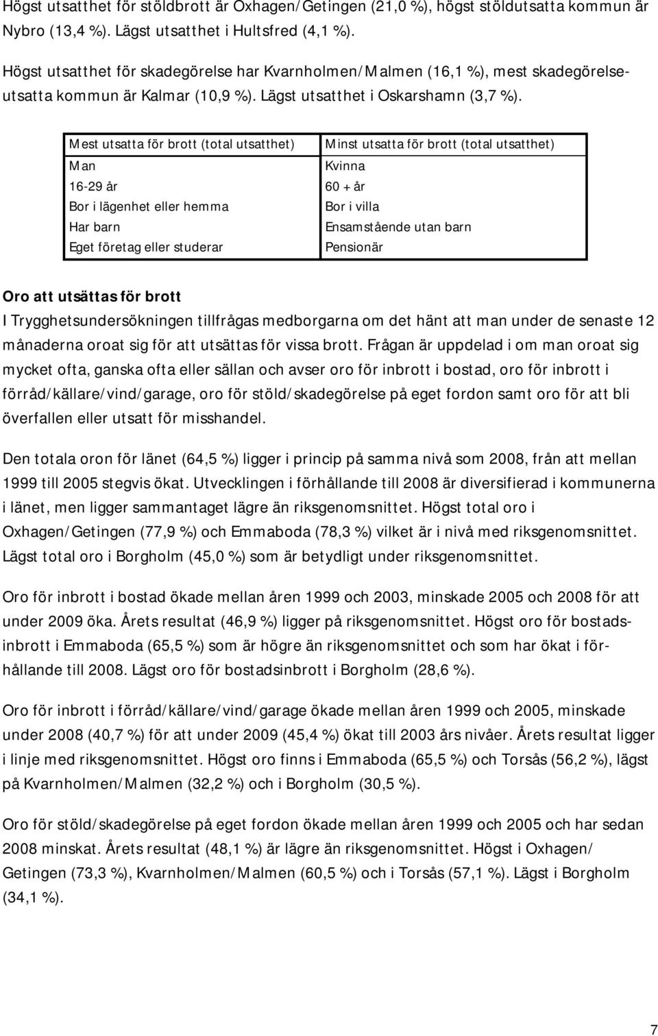 Mest utsatta för brott (total utsatthet) Man 16-29 år Bor i lägenhet eller hemma Har barn Eget företag eller studerar Minst utsatta för brott (total utsatthet) Kvinna 60 + år Bor i villa Ensamstående